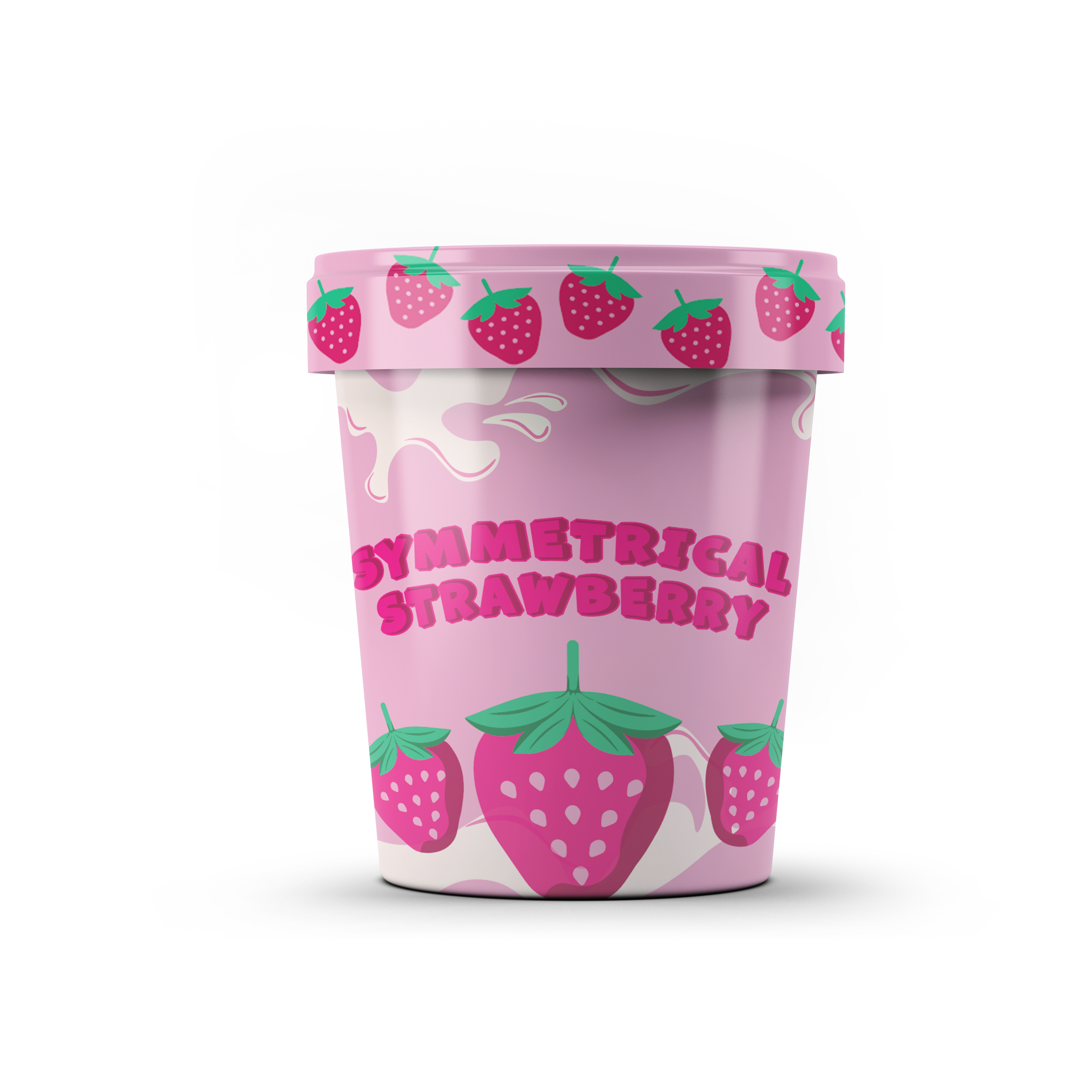Pink container with strawberry pattern and pink lid, featuring the words 'Exarmetical Strawberry' in bold. The container has strawberries and green leaves as decoration.