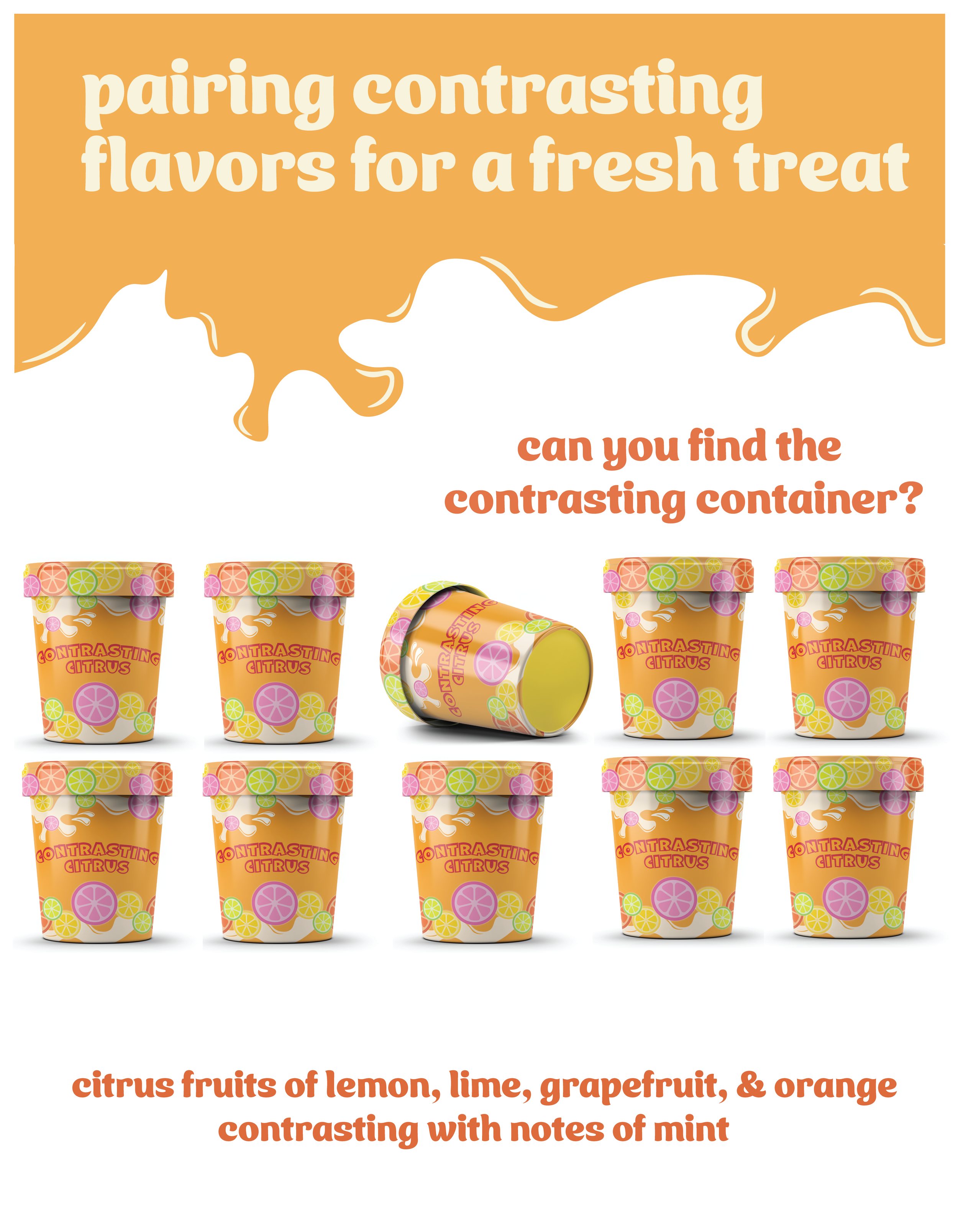Multiple containers of citrus-flavored sorbet with decorative citrus fruit patterns and a text banner mentioning contrasting citrus flavors such as lemon, lime, grapefruit, orange, and mint.