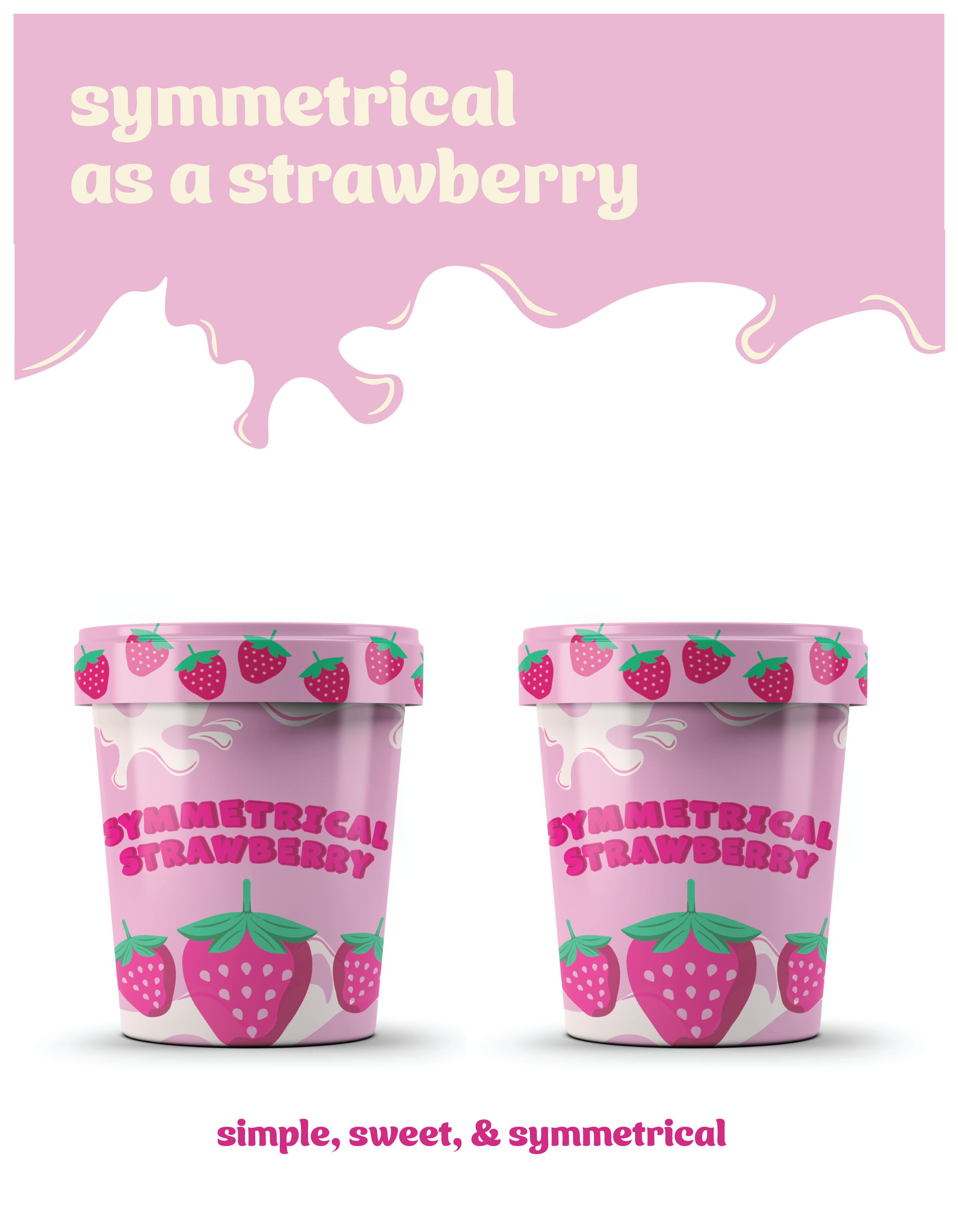 Two pink strawberry-themed cups with purple lids, decorated with strawberries and green leaves, and the words "symmetrical as a strawberry" written on the background and "simple, sweet, & symmetrical" at the bottom.