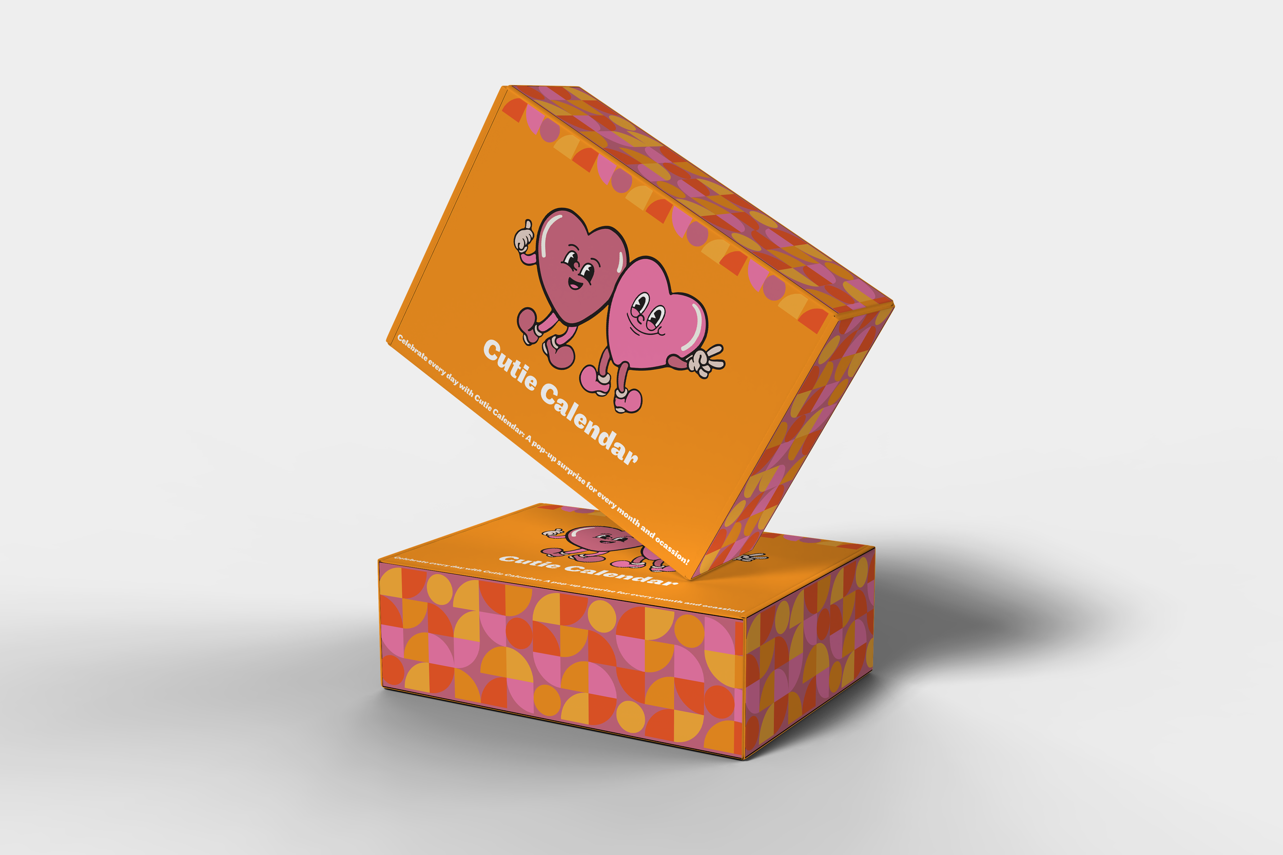 Boxes of 'Cutie Calendar' featuring animated love hearts with faces, arms, and legs on an orange background.