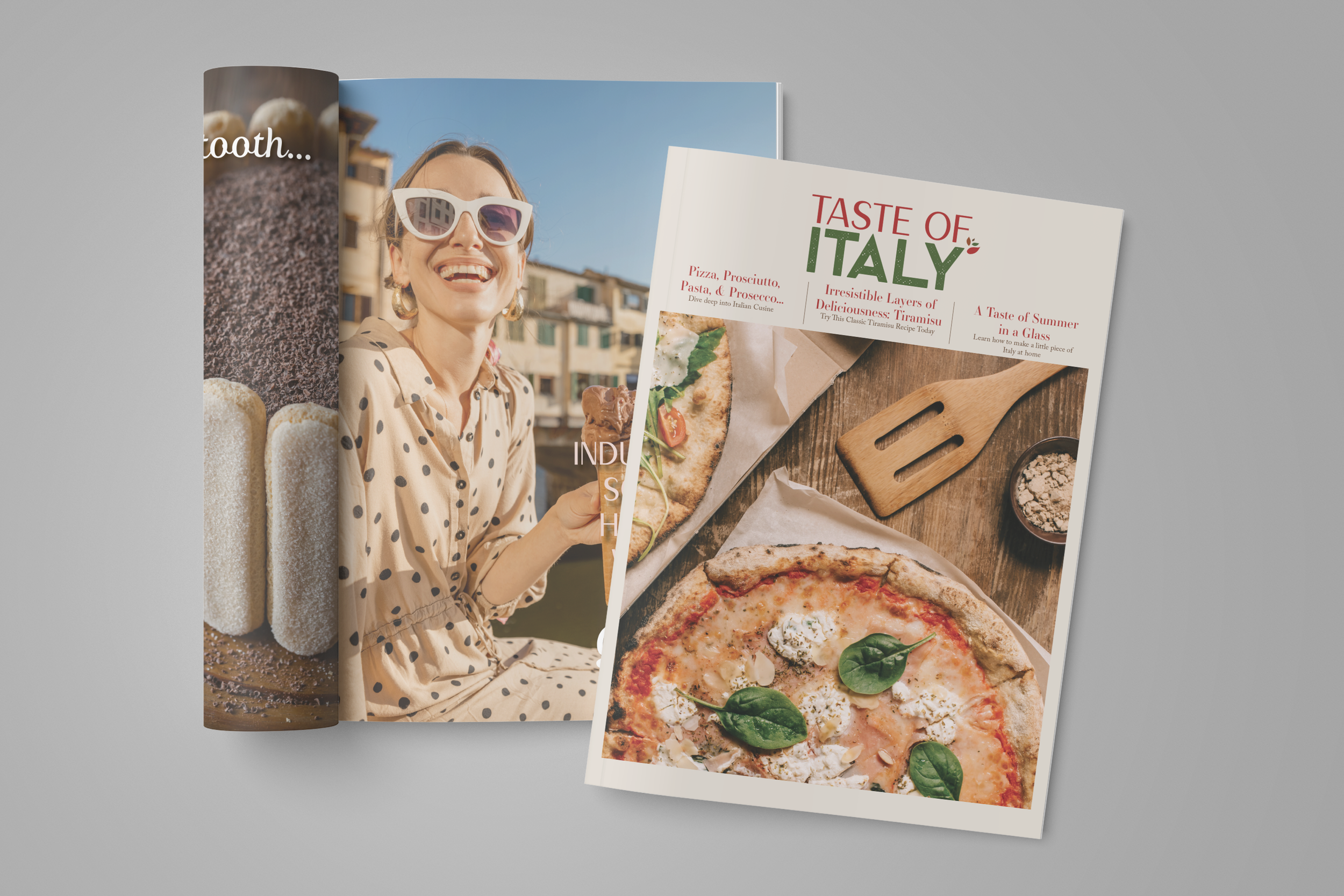 Open magazine featuring a smiling woman wearing white sunglasses and a beige polka-dot blouse, with a background of buildings, and pages showing Italian food including pizza, pasta, and prosciutto, with text about Italian cuisine and summer.
