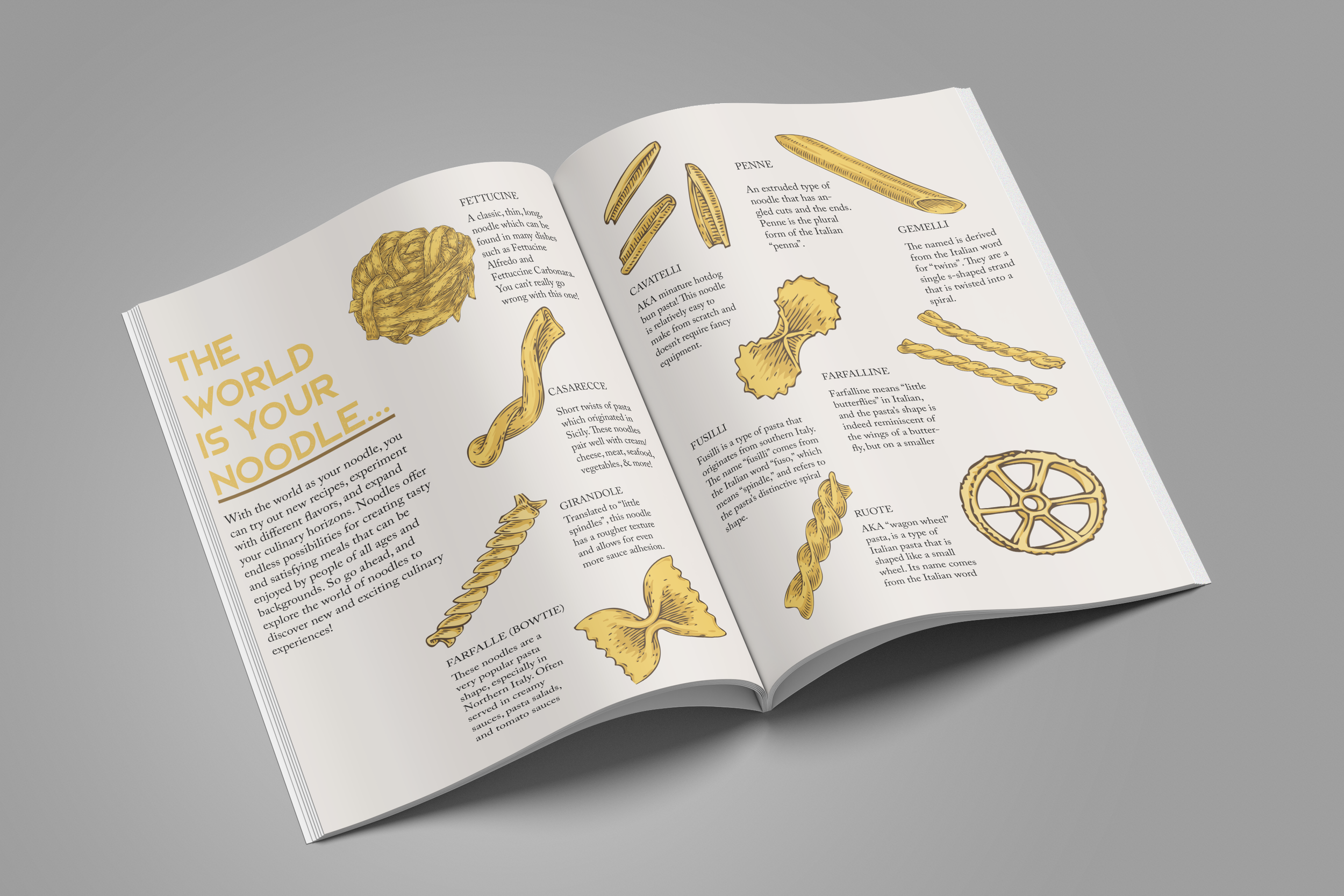 Open magazine with illustrations and descriptions of different types of noodles, including fettucine, penne, gemelli, cavarelli, fusilli, farfalline, and ruote.