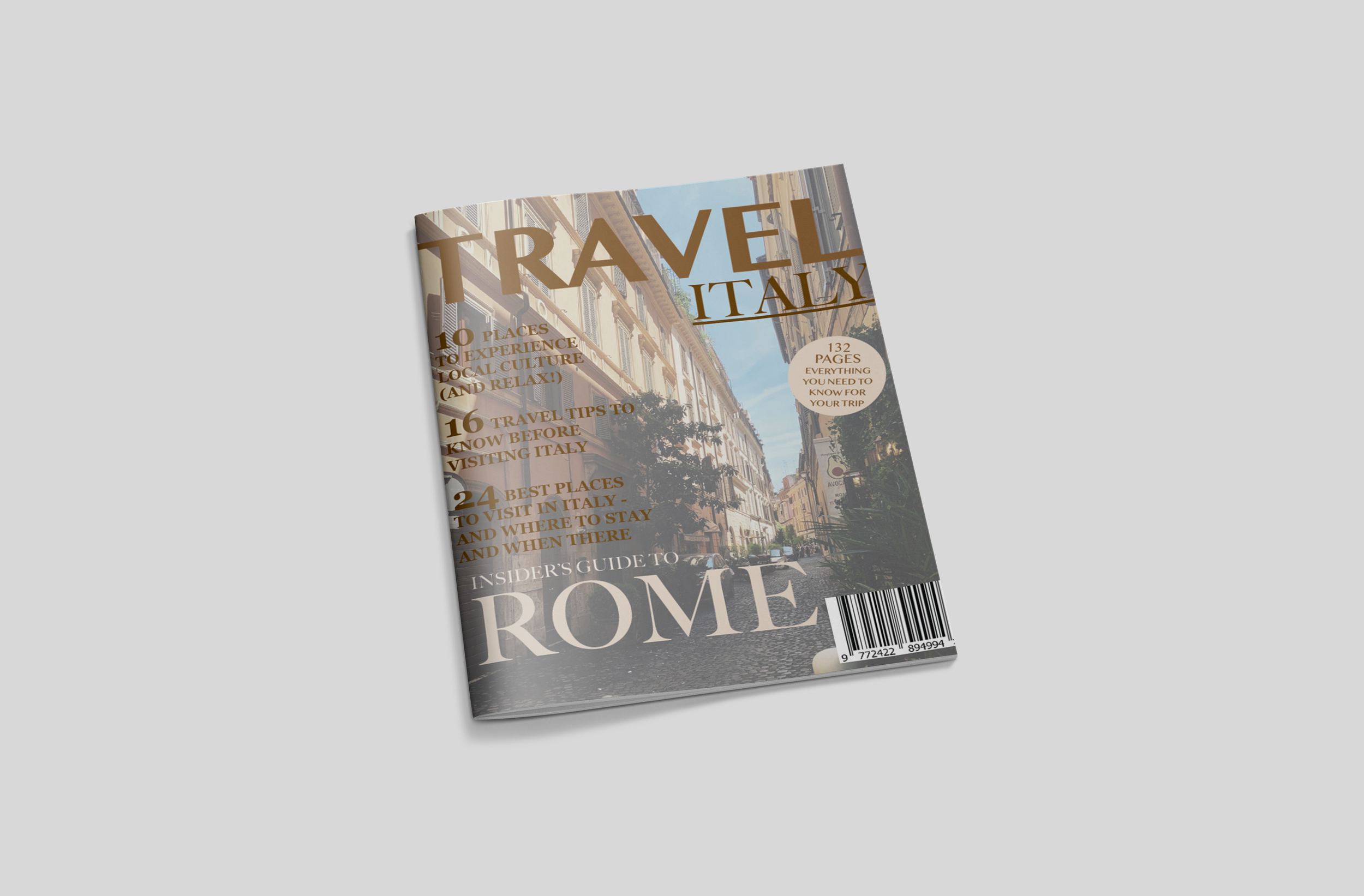 Cover of a travel guidebook titled "Travel Italy," featuring a street scene with tall buildings and trees, with some text about travel tips and places in Italy.
