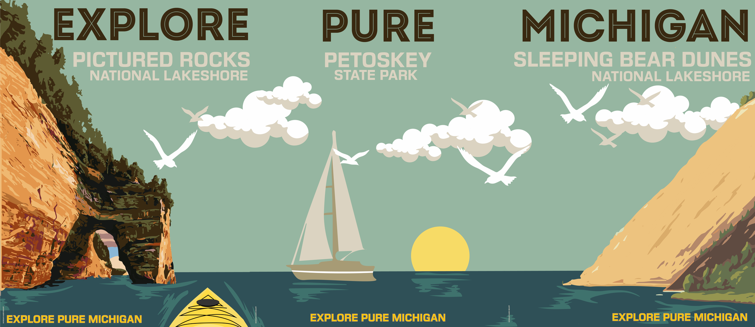 An illustrated scenic map of northern Michigan highlighting natural parks, lakeshores, and landmarks such as Pictured Rocks at National Lakeshore, Petoskey State Park, and Sleeping Bear Dunes at National Lakeshore. The map features cliffs, a sailboat
