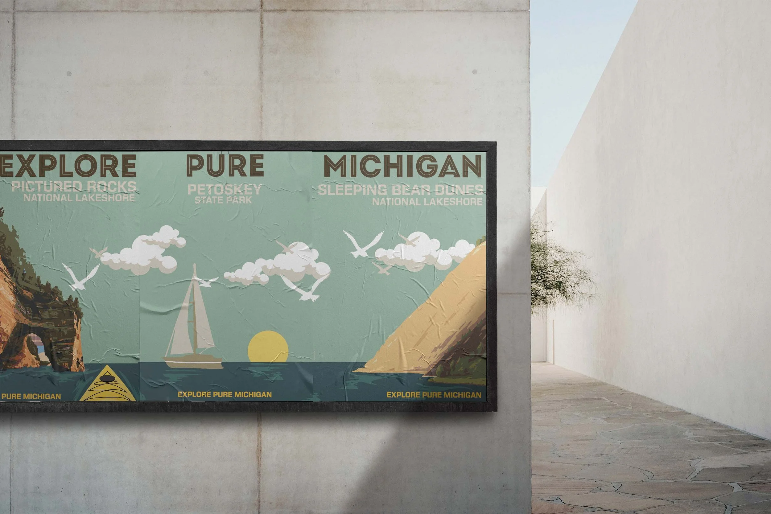 A colorful outdoor sign promoting exploration in Michigan with images of a sailboat, a tent, and a sunset over water.