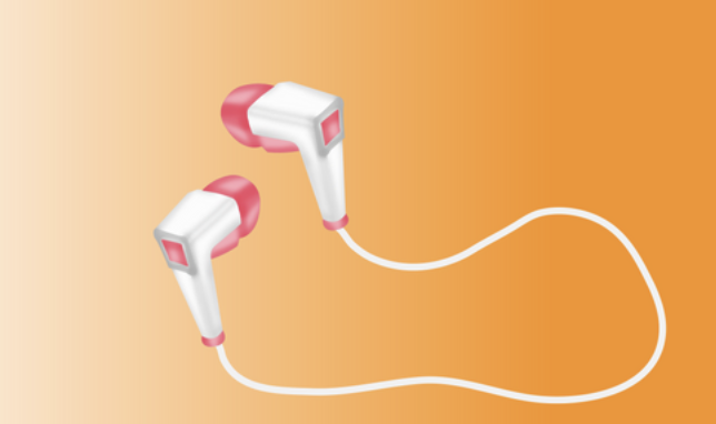 Digital pink and white wireless earbuds connected by a white cord against an orange background.