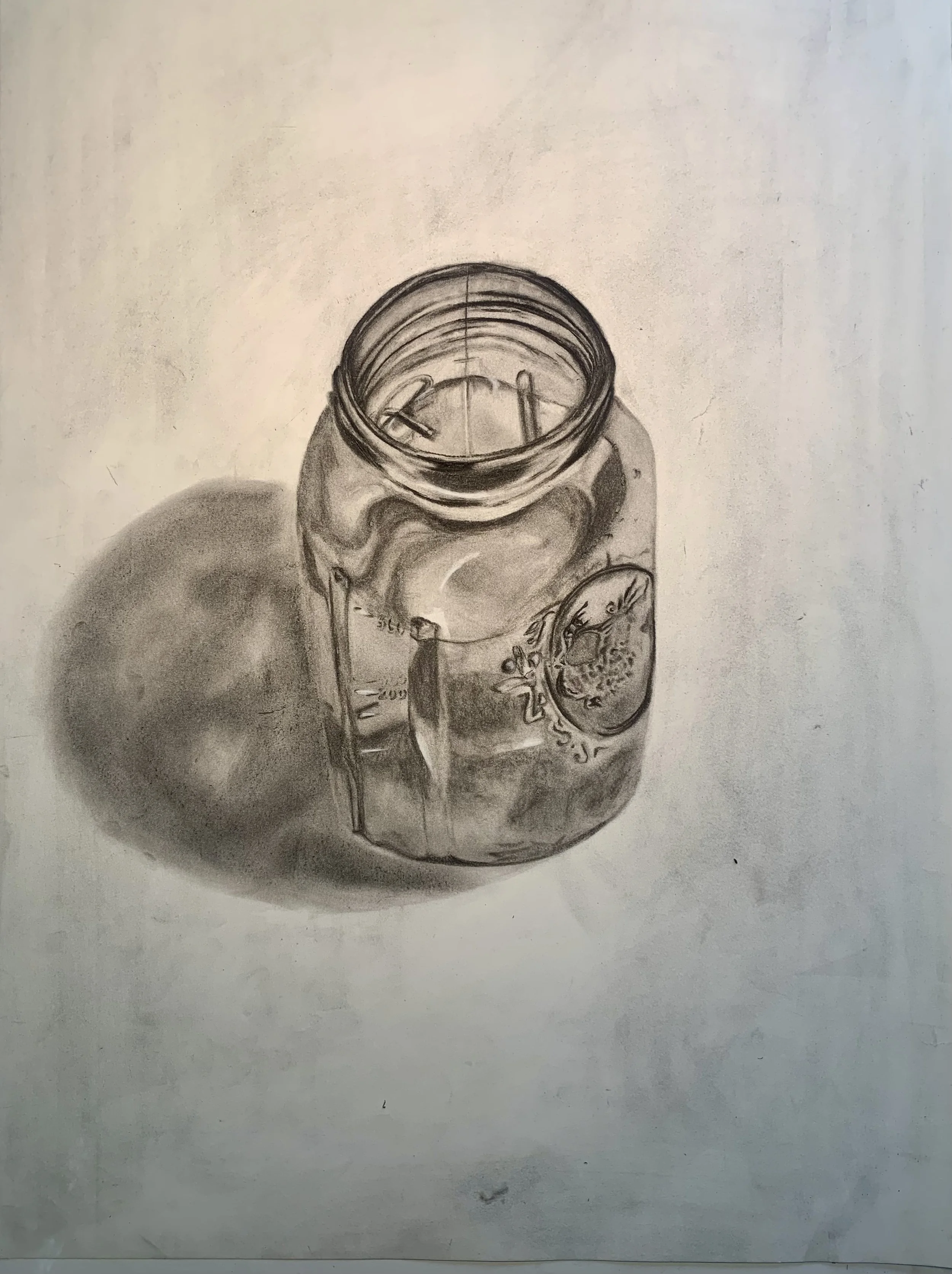 A detailed graphite drawing of a mason jar with an insect inside, placed on a flat surface with a shadow, on a light background.