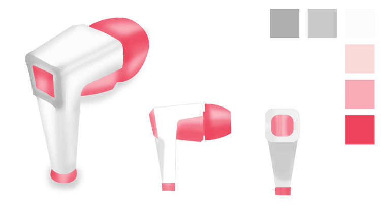 Color palette and three views of a 3D-rendered hair dryer in shades of white and pink.