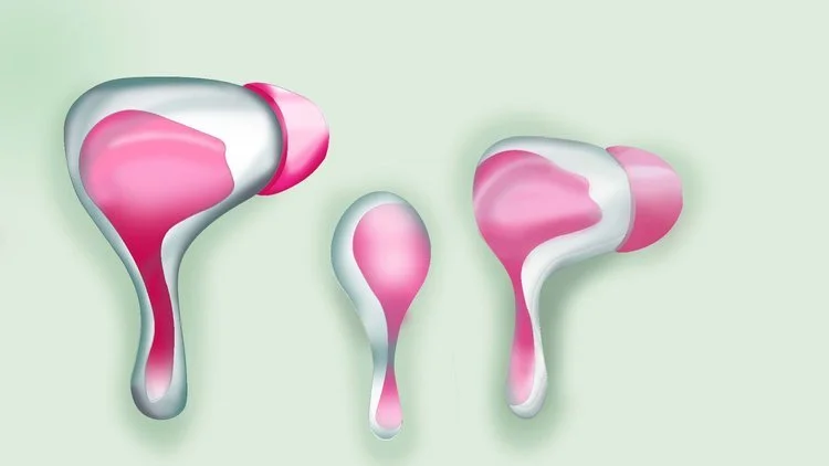 Pink and white abstract earbuds with a green background.