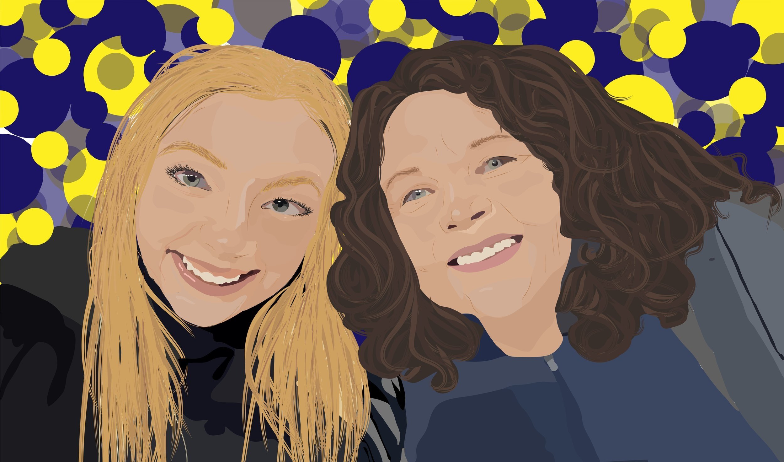 Two women smiling and taking a selfie, with a background of yellow and dark blue circles.