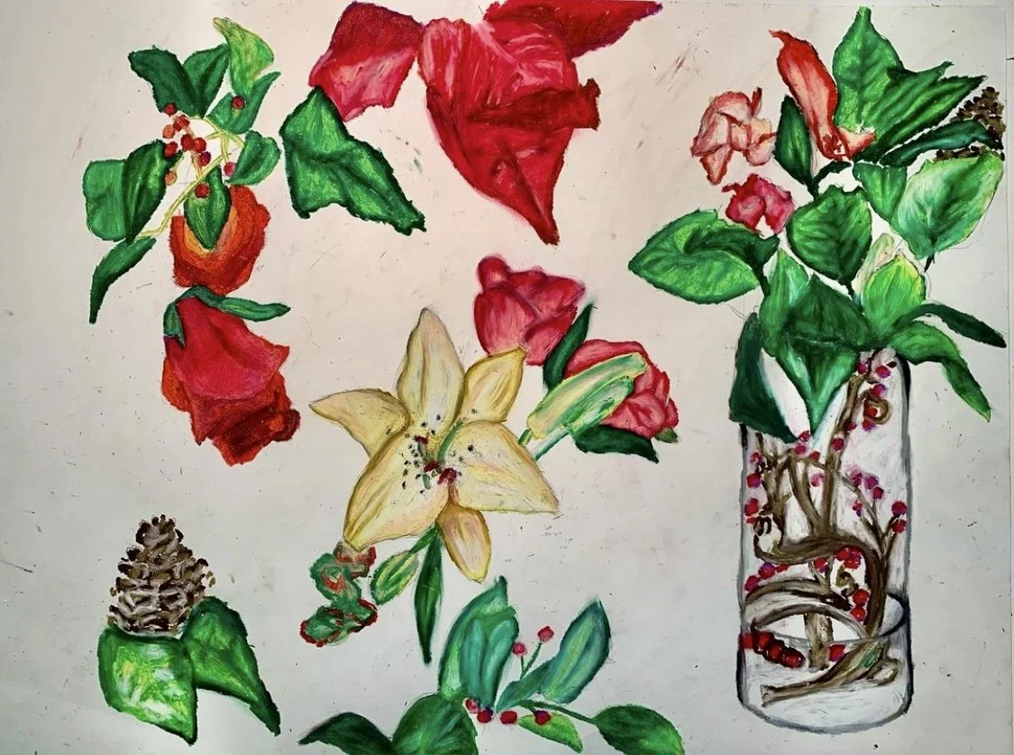 A collection of watercolor paintings of flowers and foliage, including lilies, roses, holly, and a pine cone, with some paintings arranged in a clear glass vase.