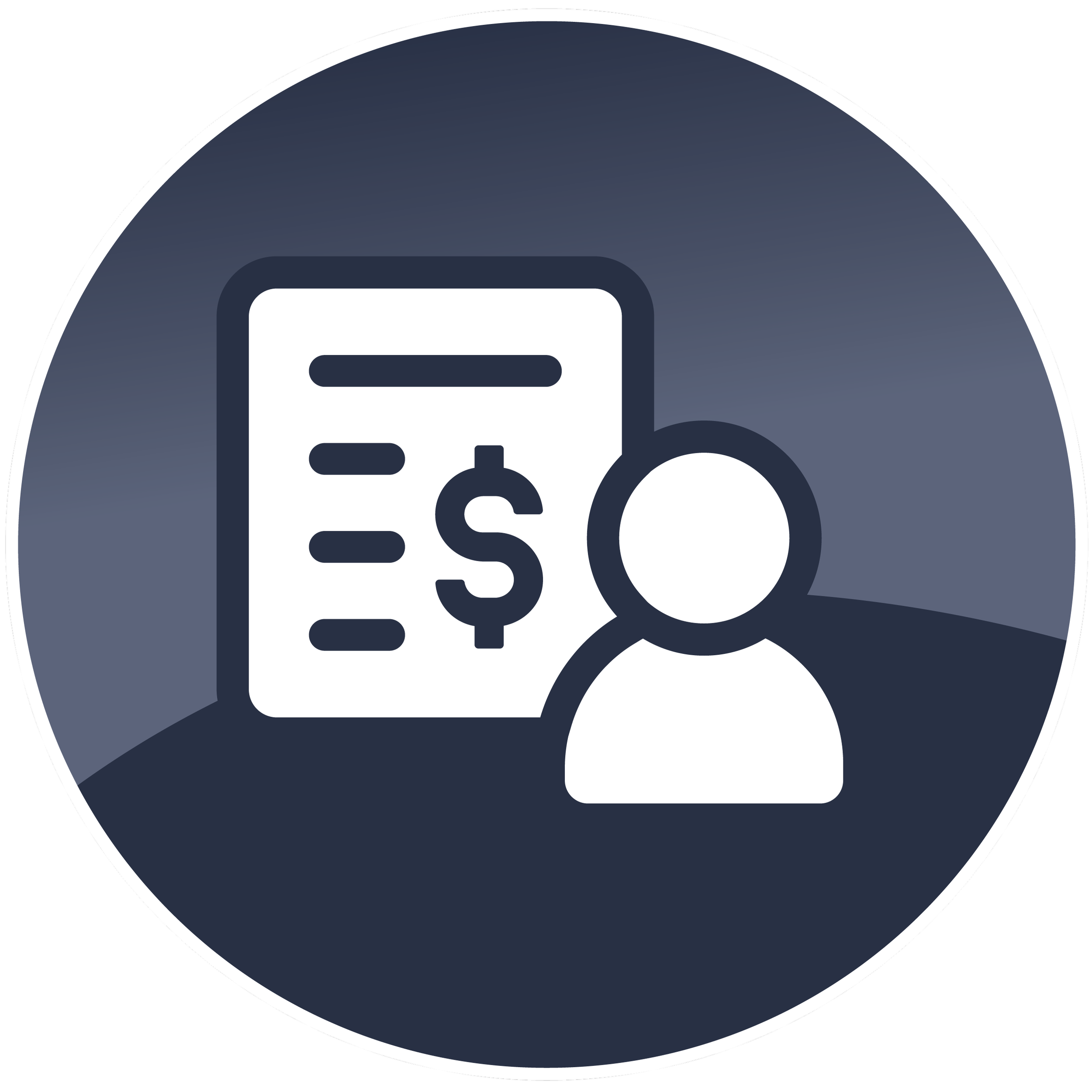 Financial or banking app icon with dollar sign, calculator, and dollar bills on dark background.