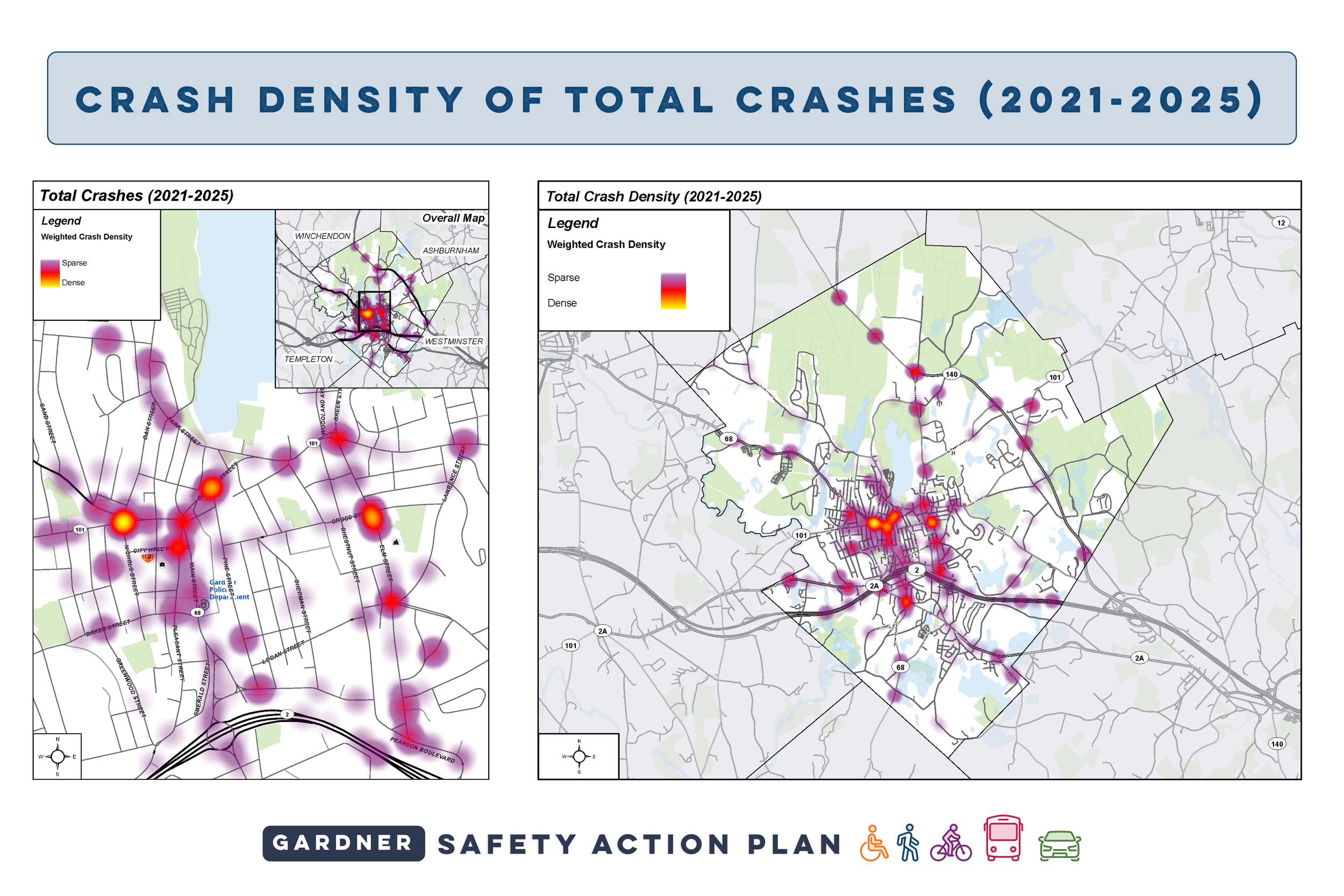 A safety plan poster titled 'Crash Density of Total Crashes (2021-2025)' featuring maps with colored points indicating crash density, symbols for different modes of transportation, and a legend with a color gradient from sparse to dense crash areas.