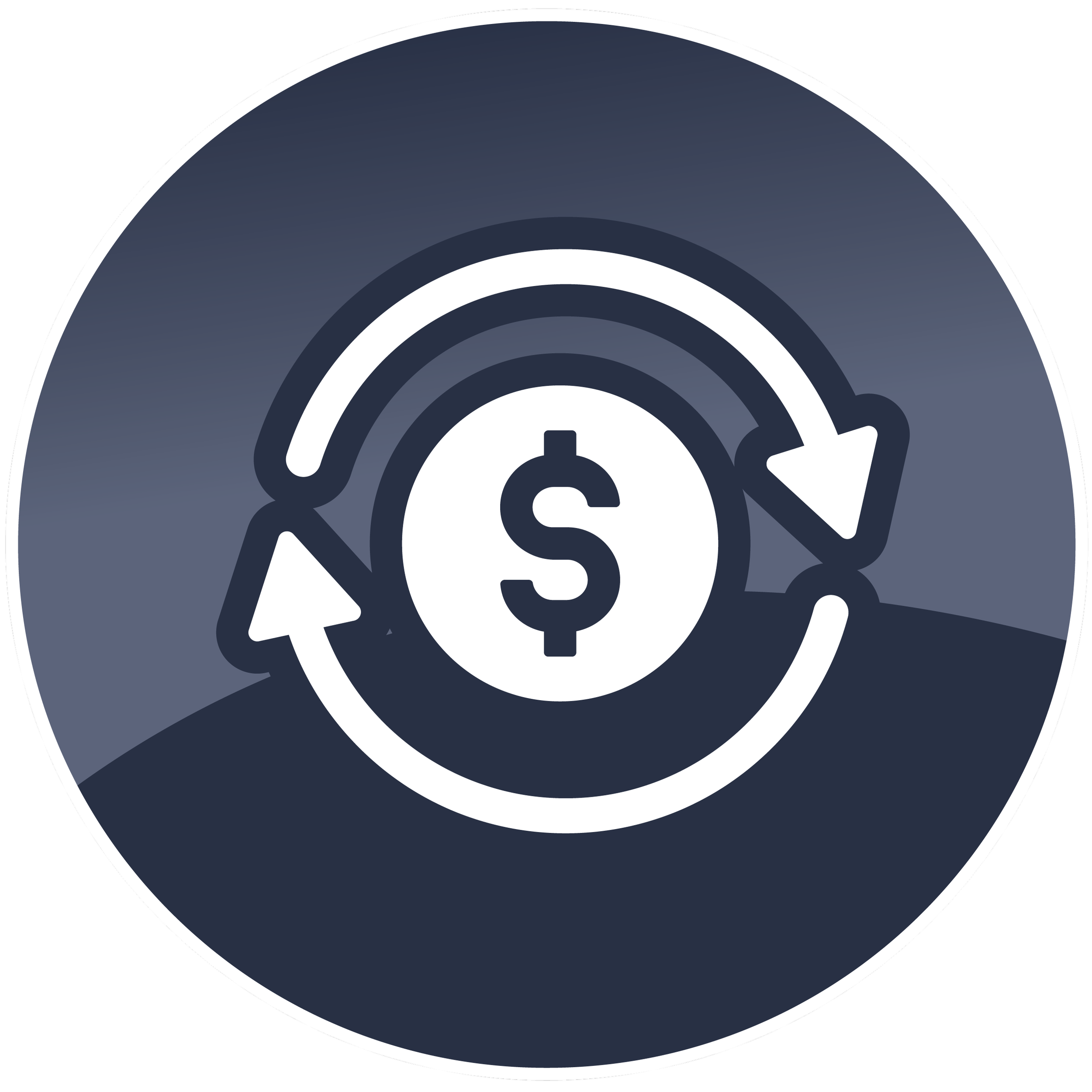 Close-up of a circular icon with a dark background, featuring a white dollar sign in the center surrounded by concentric circles, a Wi-Fi signal, a clock, and a curved arrow.