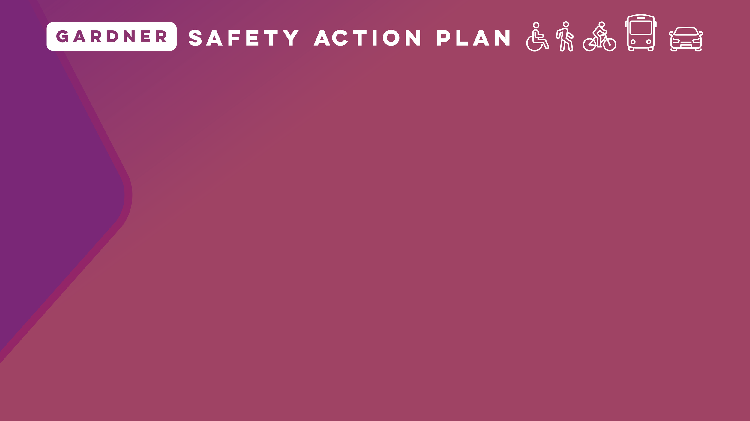 Graphics for Gardner Safety Action Plan on a pink and purple gradient background, with icons representing accessibility, walking, biking, public transit, and driving.