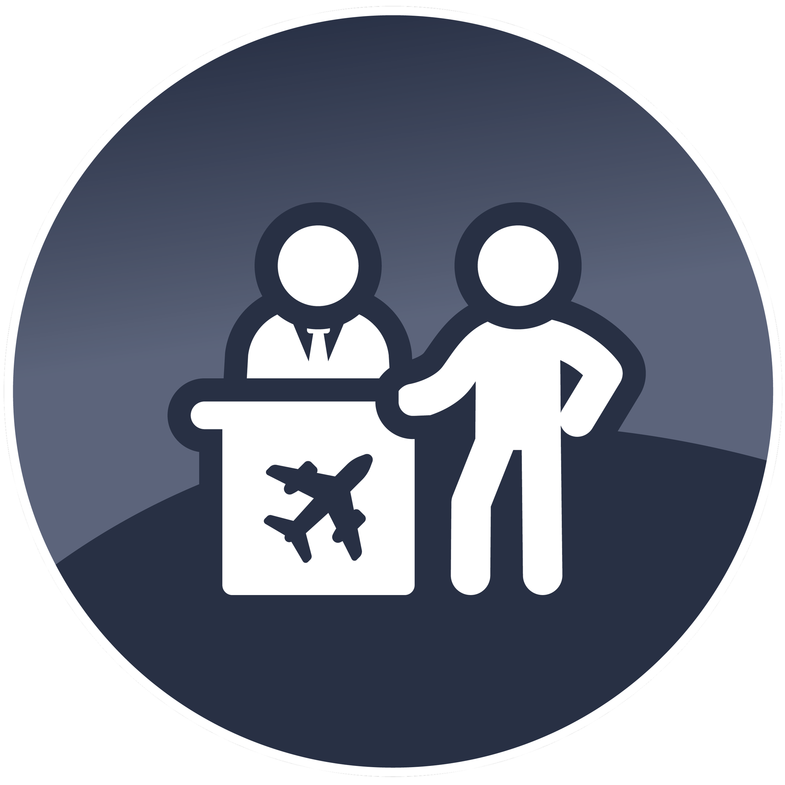 Logo with a dark blue circular background and two human figures in white, one wearing a tie, inside a white shield outline.