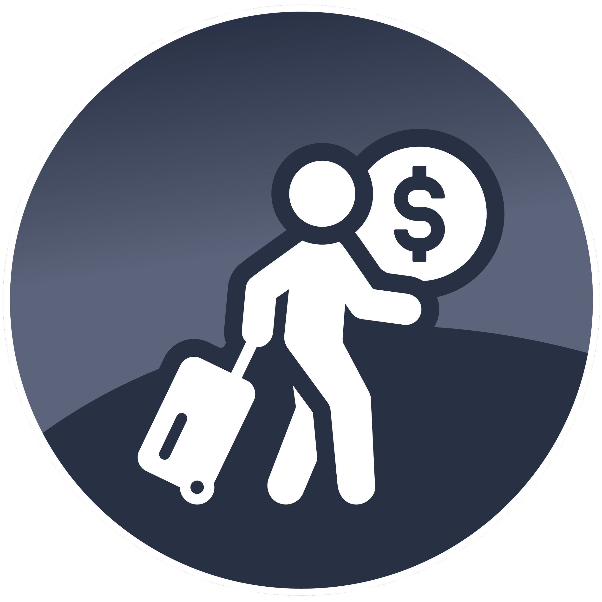 A circular icon with a dark background, showing a hand holding a magnifying glass with a dollar sign inside it.