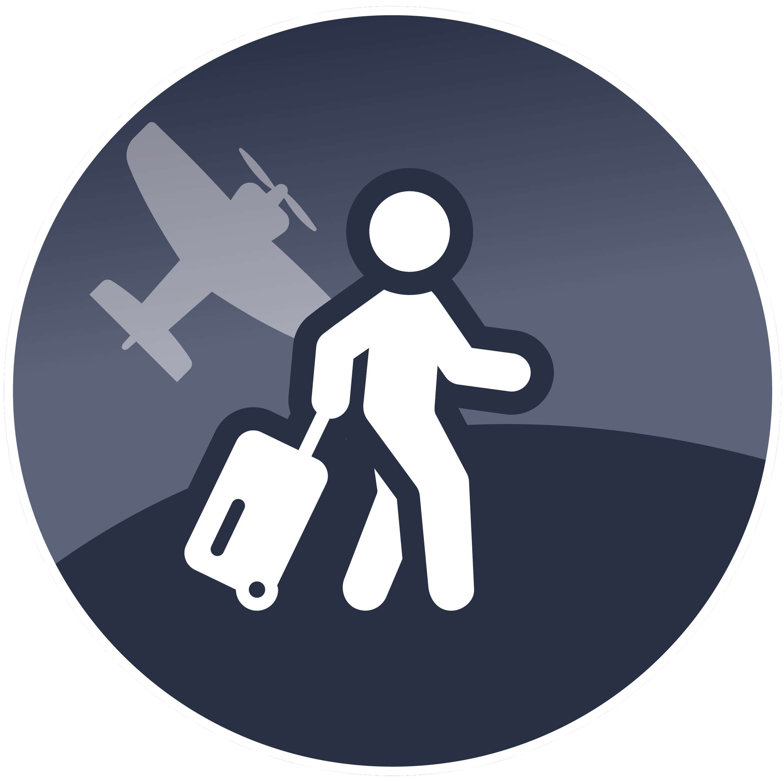 A stylized graphic of a person holding a magnifying glass, examining an airplane and a satellite in the background, with a dark circular background.