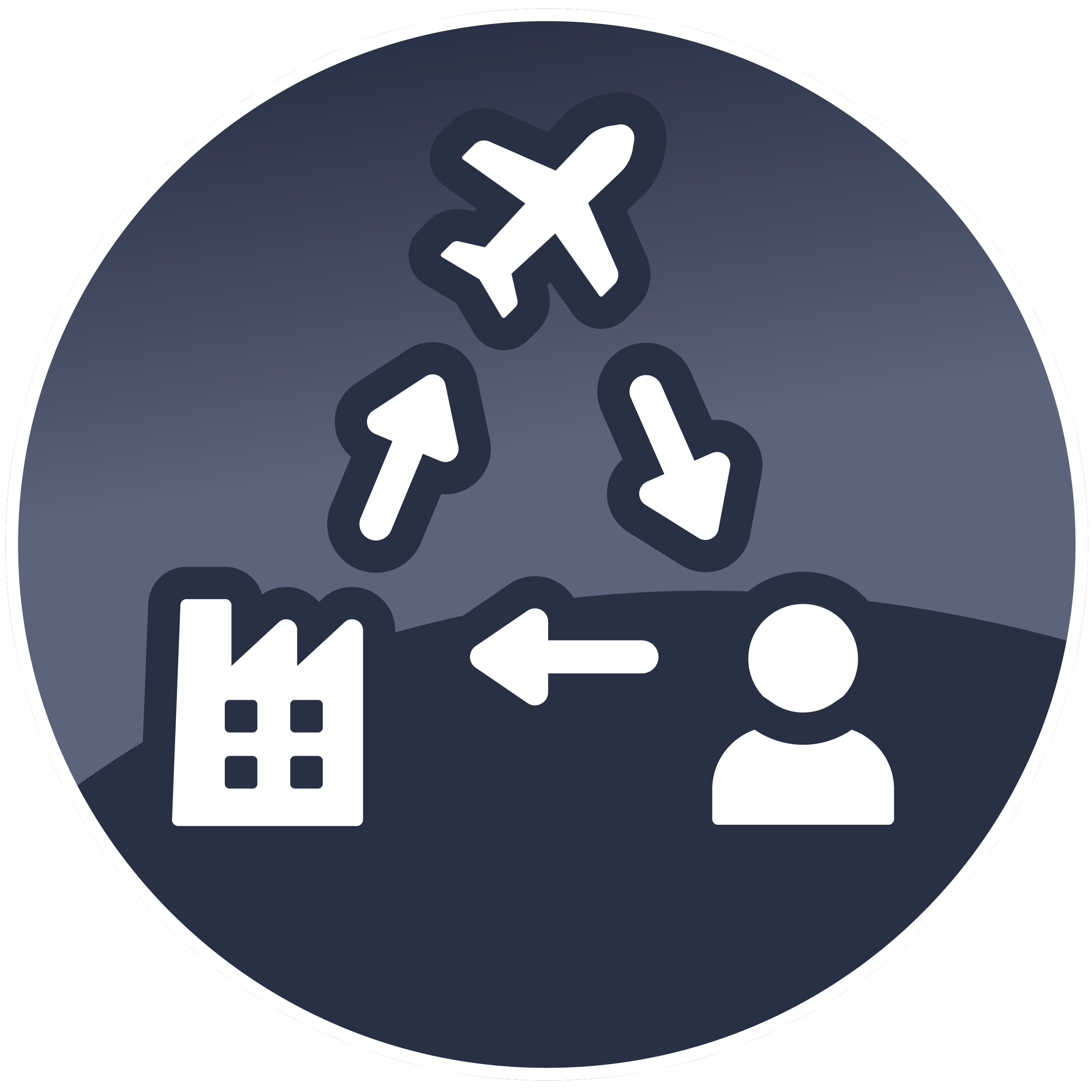 A round black and white icon with a house, a building, and a person inside, and an airplane symbol above them.