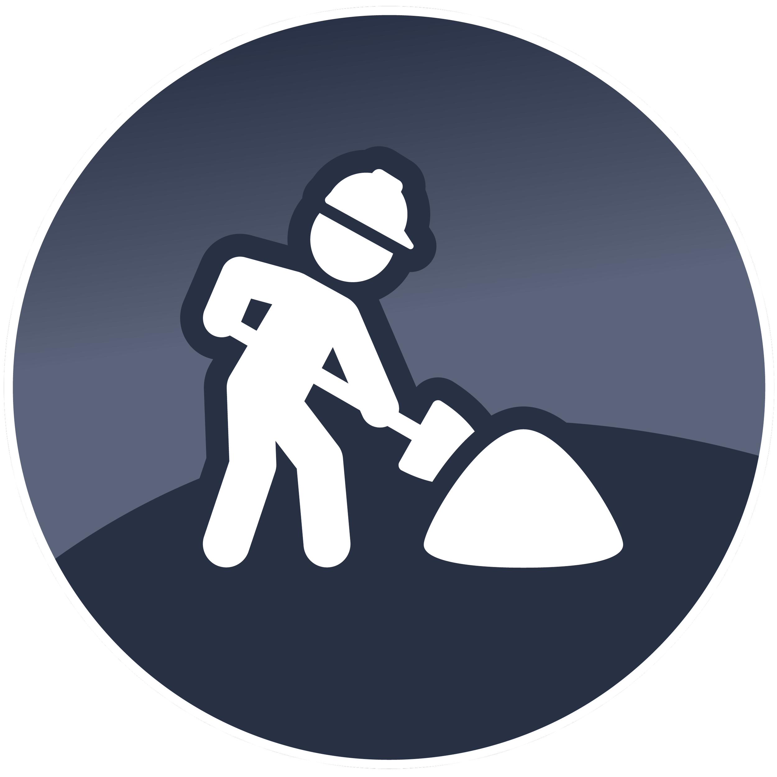 A circular warning sign with a black background, white border, and a dark gray circle inside. The sign features a white silhouette of a person walking while wearing sunglasses.