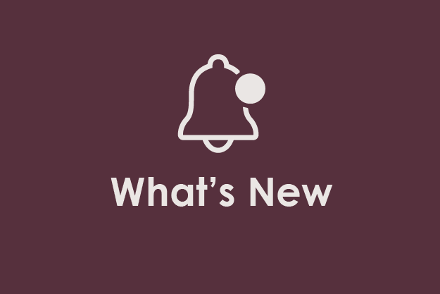 Notification bell icon with the text "What's New" on a maroon background.