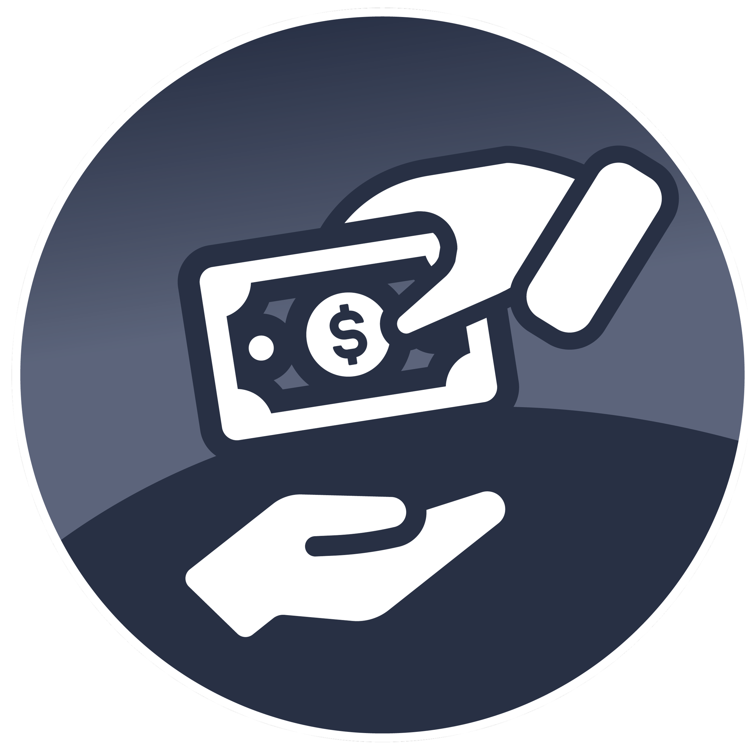 A dark blue circular icon featuring a white hand holding a stack of cash with a dollar sign.
