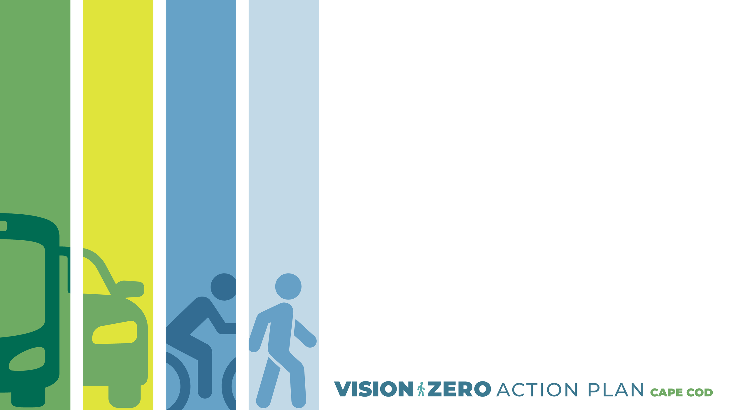 Illustration of a green traffic light, a yellow walking man symbol, and a blue walking man symbol, representing transition from stop to go for pedestrians. The text reads "VISION ZERO ACTION PLAN CAPE COD".