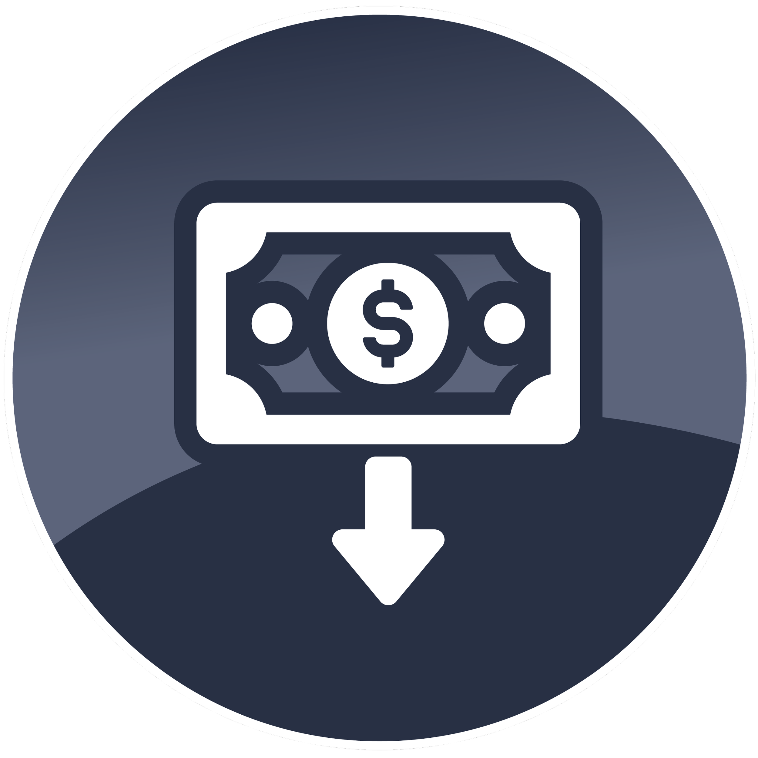 Close-up of a digital icon showing a dollar bill with a dollar sign in the center, set within an oval background with a dark gradient.