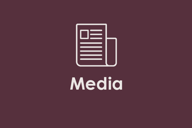 Icon of a newspaper and a rectangular object with the word 'Media' below, on a maroon background.