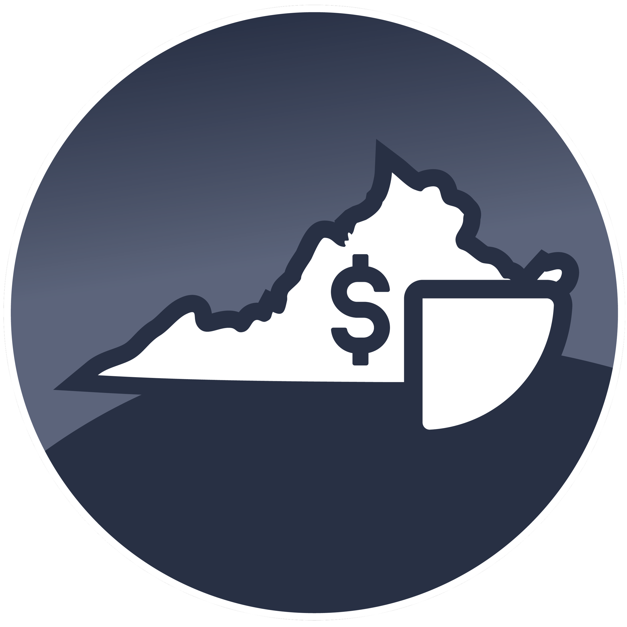 Close-up of a circular sign with a dark blue background, a mountainous landscape silhouette, a dollar sign, and the partially visible word 'STOP'.