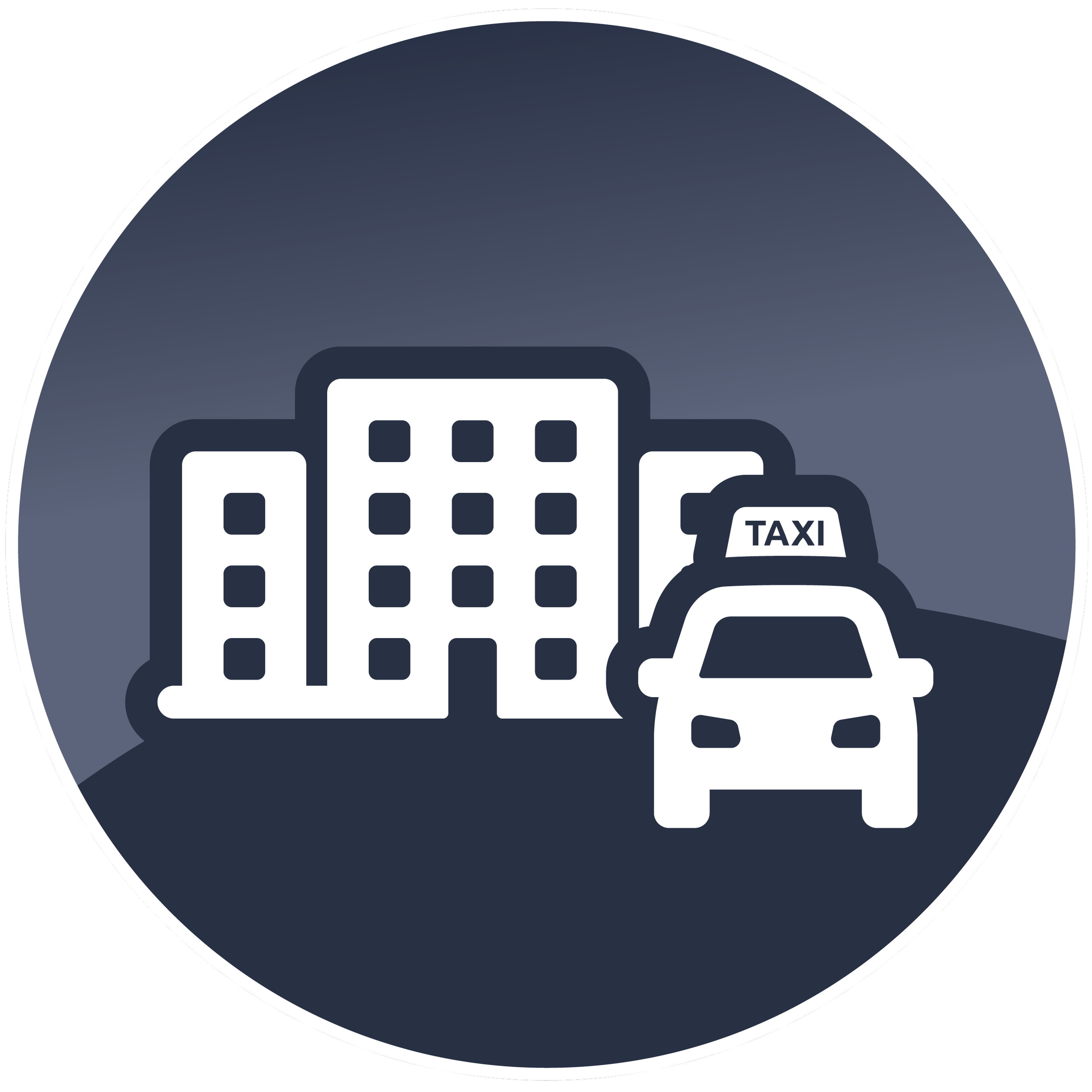 Graphic of a cityscape with buildings and a taxi inside a circular frame.
