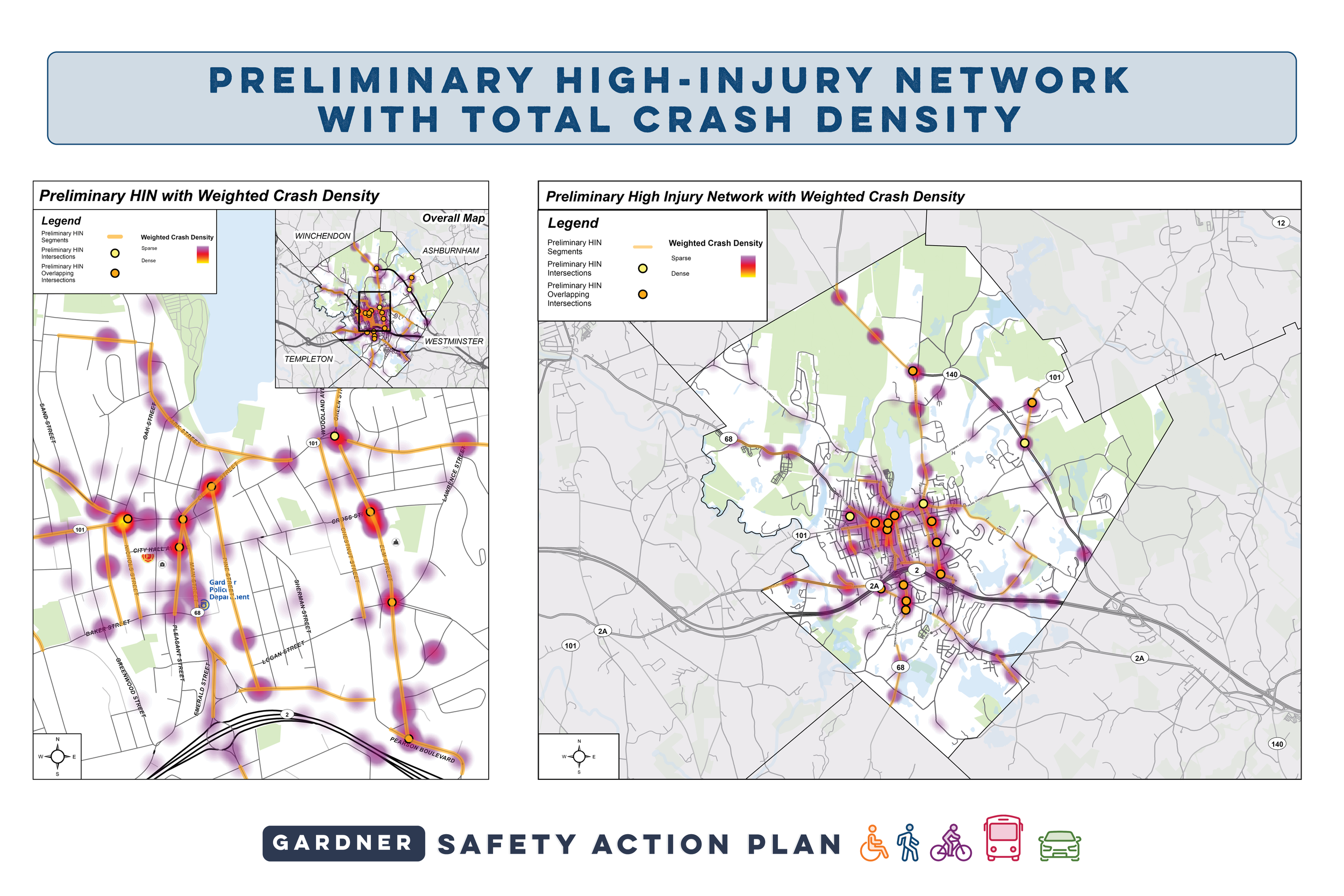Map showing preliminary high-injury network and crash density in Gardner with legend for crash density and safety features including handicapped accessible, pedestrian, bicycle, bus, and car.