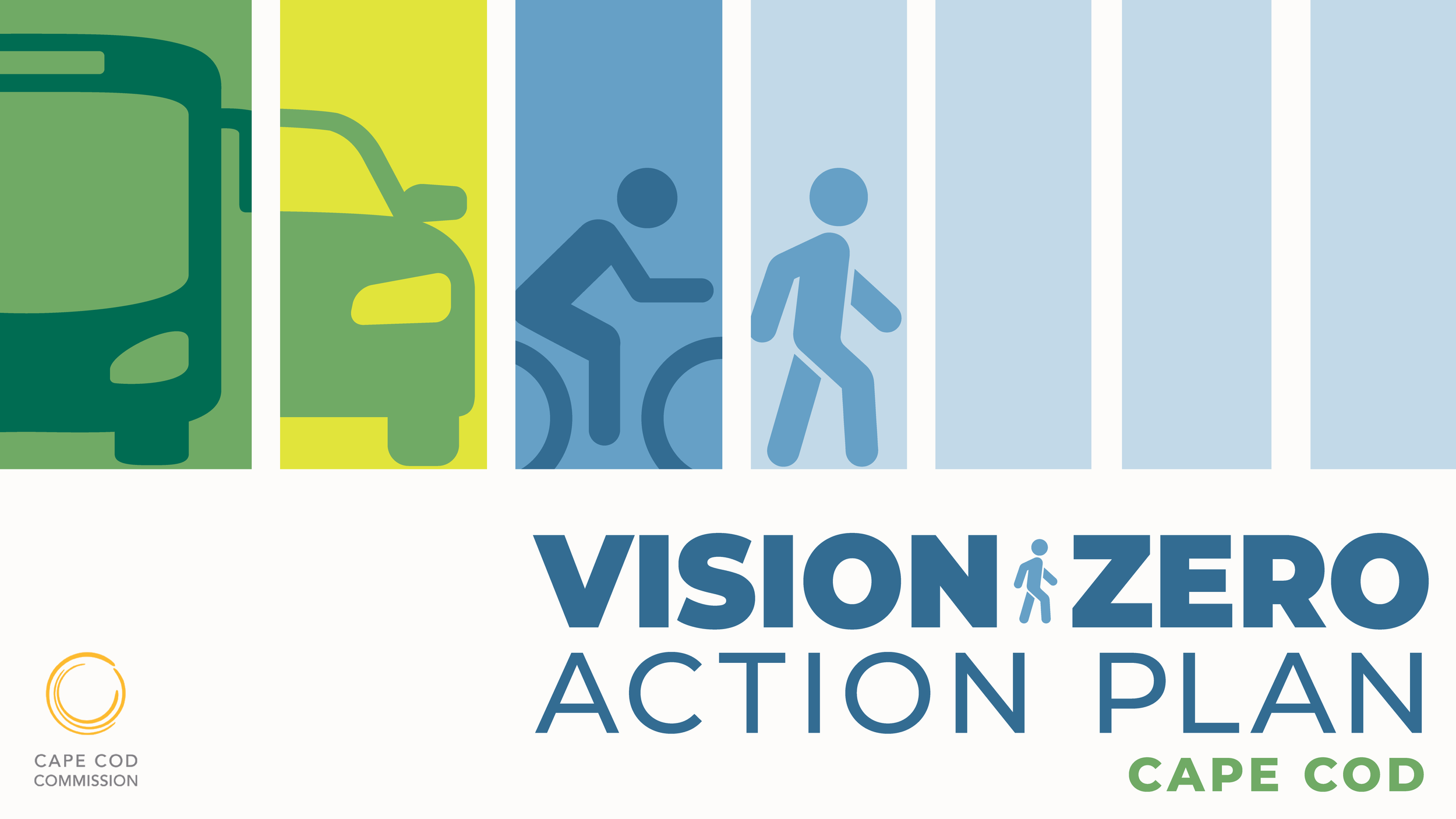 Graphic logo with stylized icons of a bus, a person in a wheelchair, and a walking person, with the text 'Vision Zero Action Plan' and 'Cape Cod'.