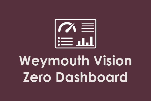 A logo with a speedometer and bar chart icon above the text "Weymouth Vision Zero Dashboard" on a dark purple background.