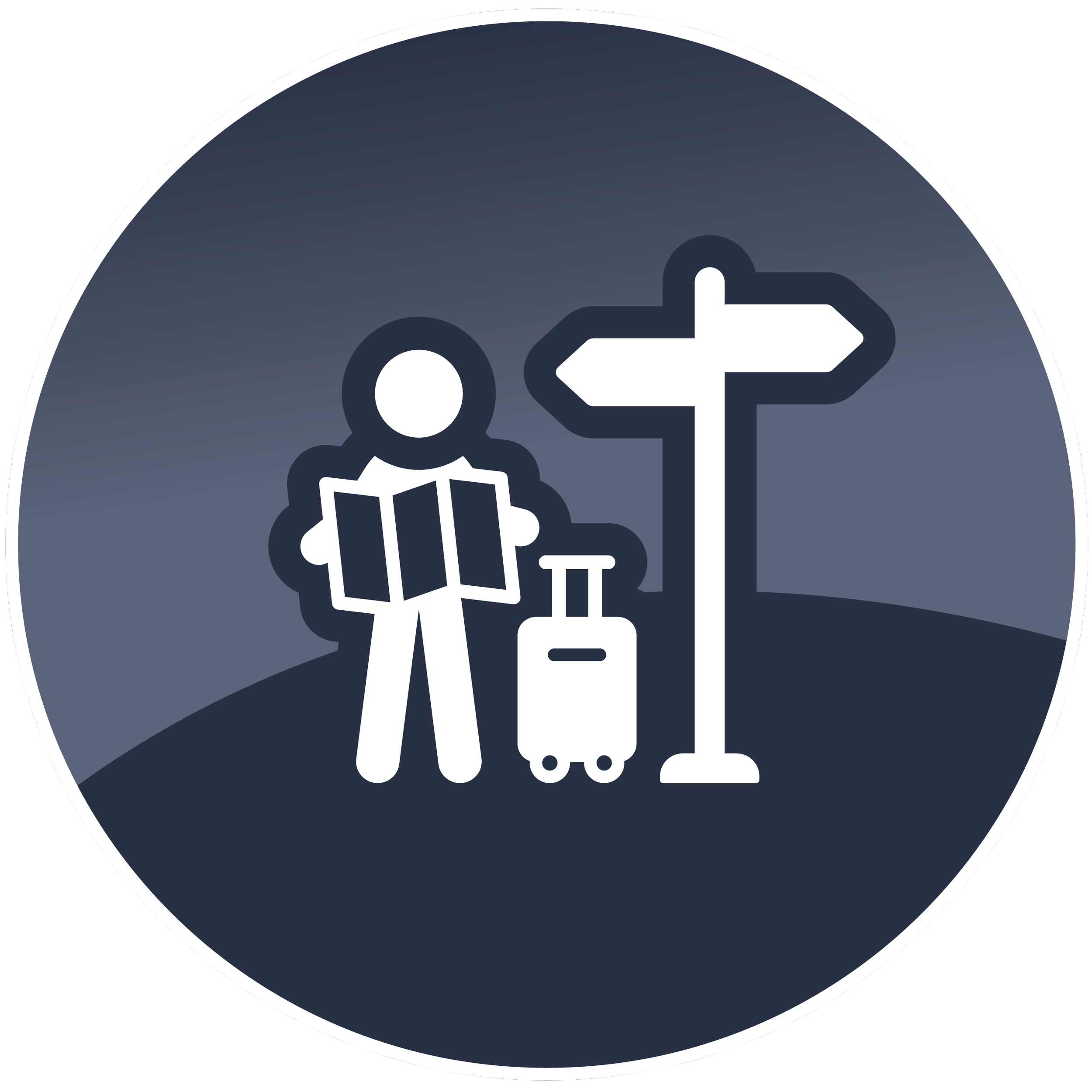 Icon of a person holding a book and standing next to a rolling suitcase with a signpost in the background.