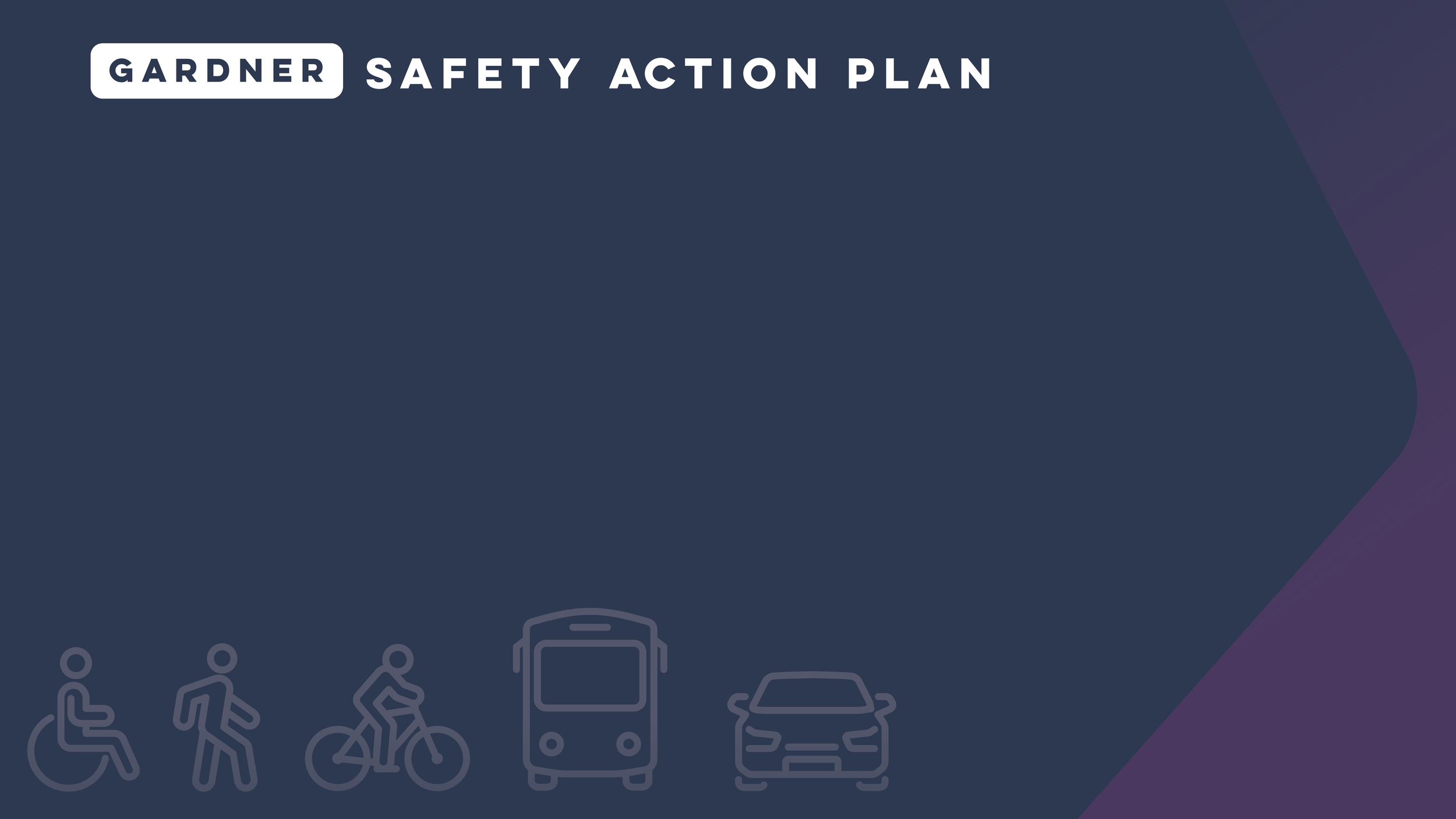 Title slide of a presentation titled 'Gardner Safety Action Plan' with icons of pedestrians, wheelchair users, bicycles, a bus, and a car at the bottom.