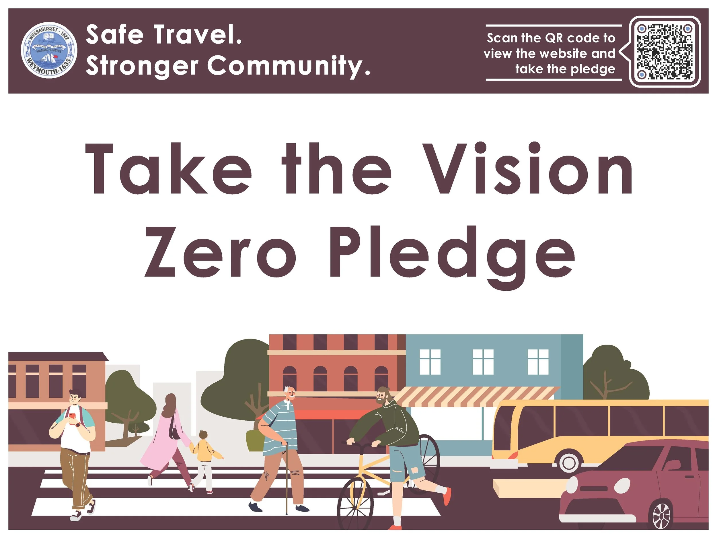 Graphic promoting safe travel and stronger community with an illustration of people walking, biking, and using public transportation in a town setting.