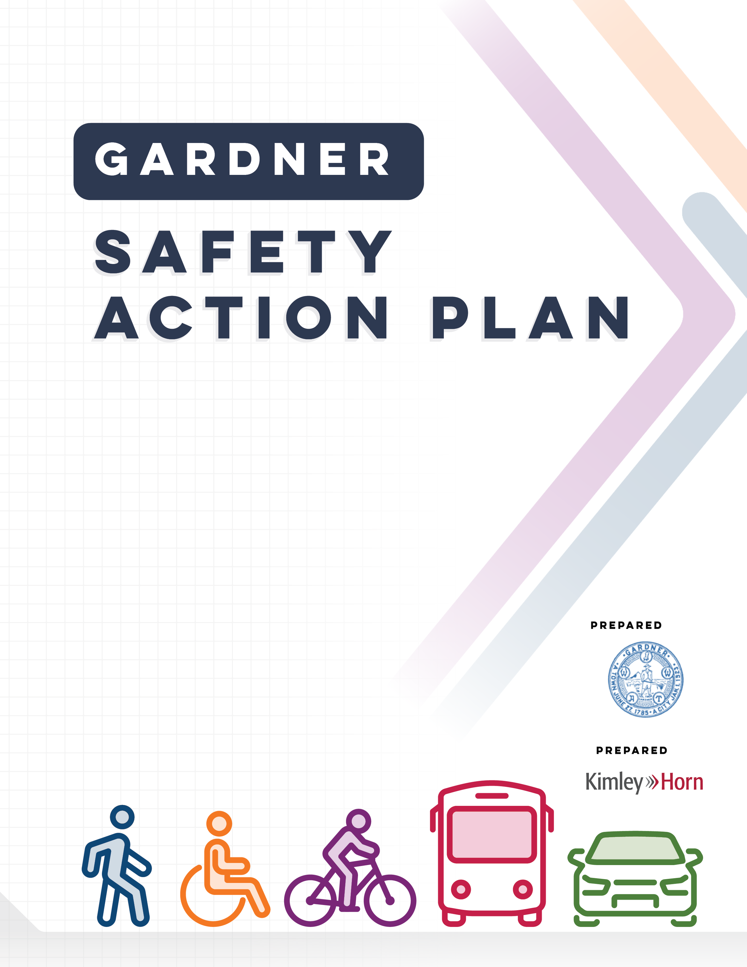 Cover page of Gardner Safety Action Plan with logo and text, featuring colorful icons of pedestrians, a cyclist, a bus, and a car.