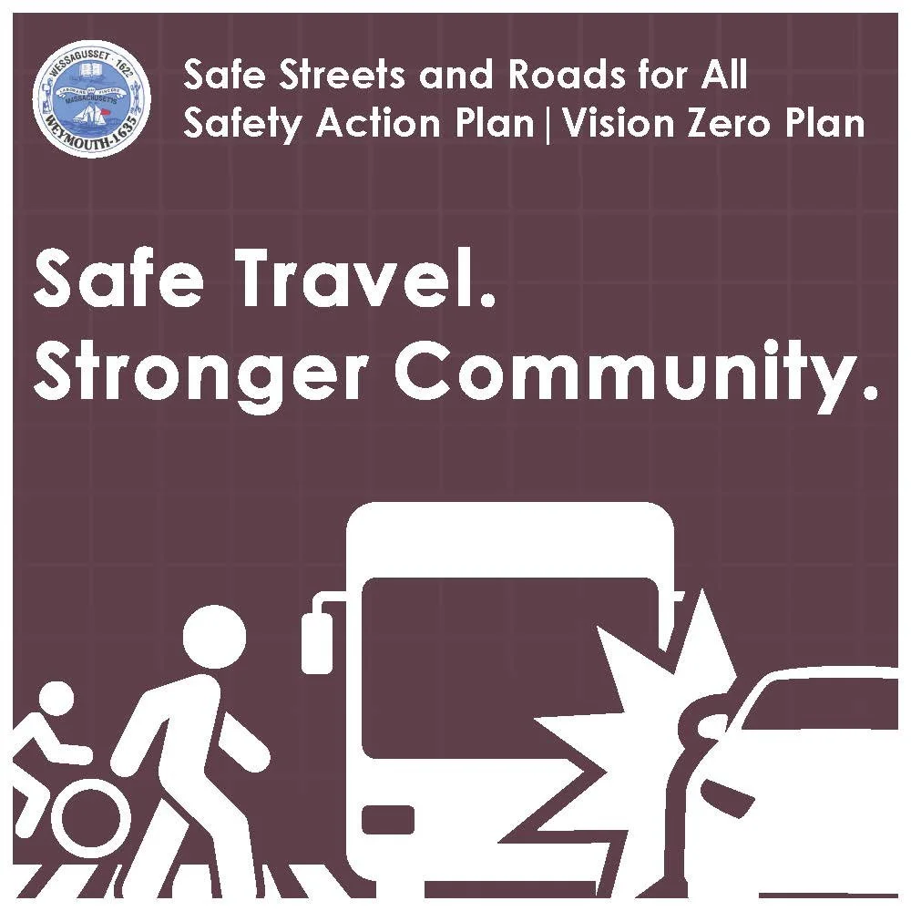 Poster promoting safe travel with symbols of a person pushing a wheelchair, a bus, and a car, emphasizing community safety.