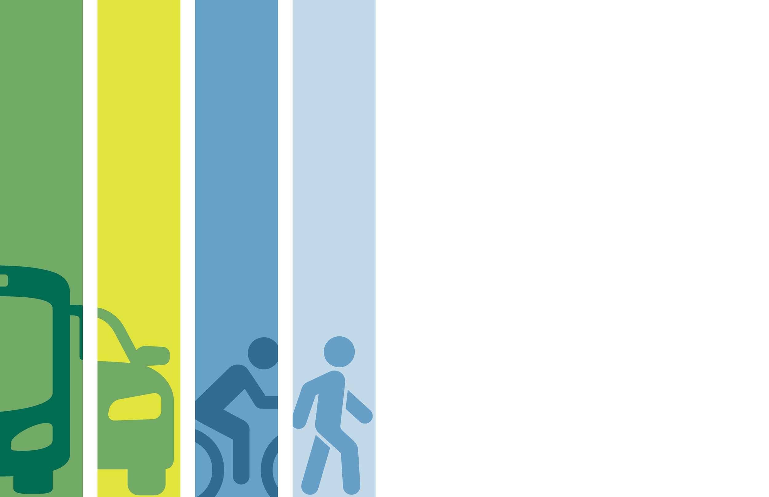 Colorful vertical informational signs, including a green sign with a water bottle icon, a yellow sign with a trash can icon, and blue signs with human icons, likely representing recycling, waste disposal, and accessibility.