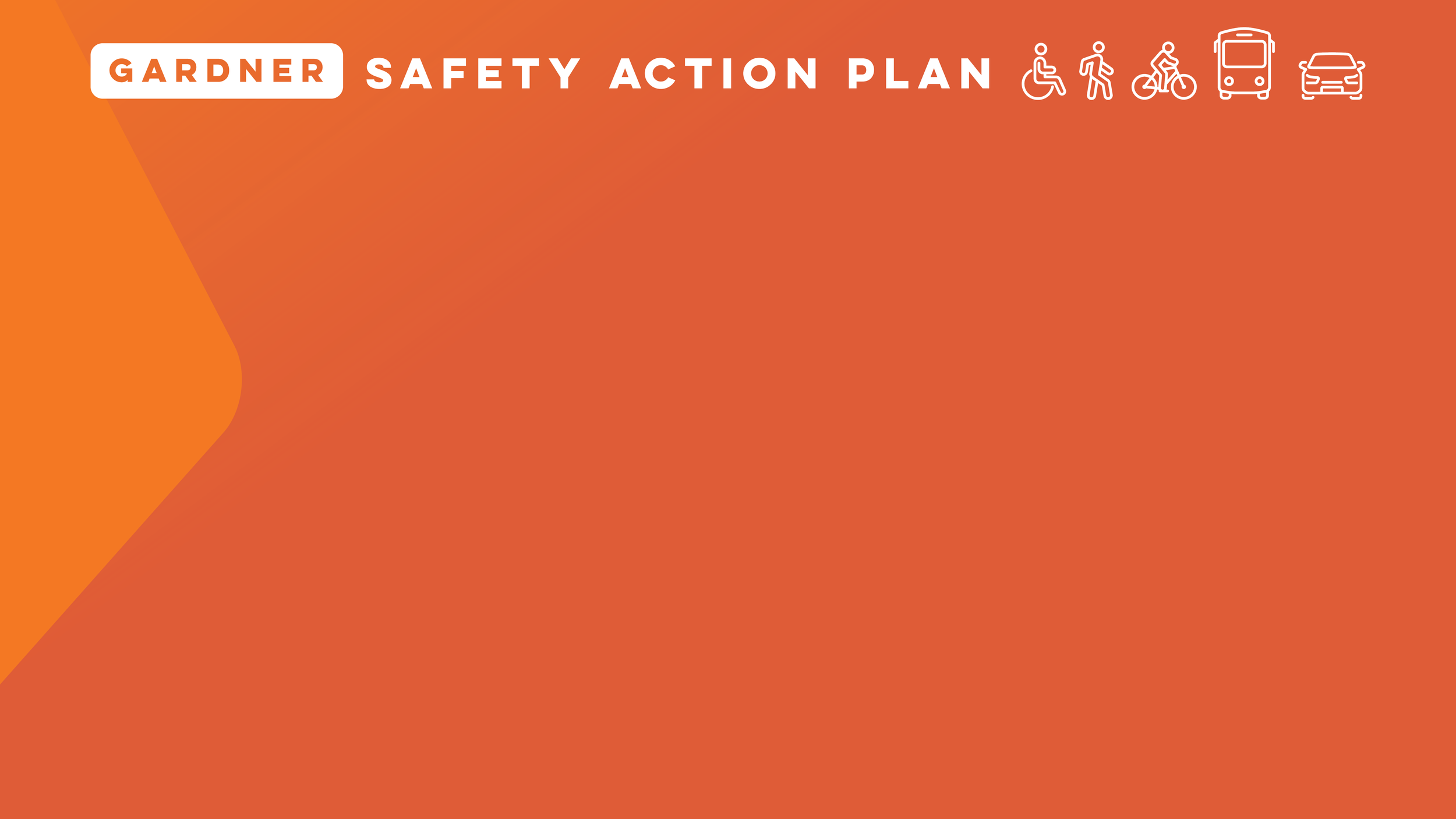 Orange safety action plan banner with icons for accessibility: wheelchair, walking, cycling, bus, car.
