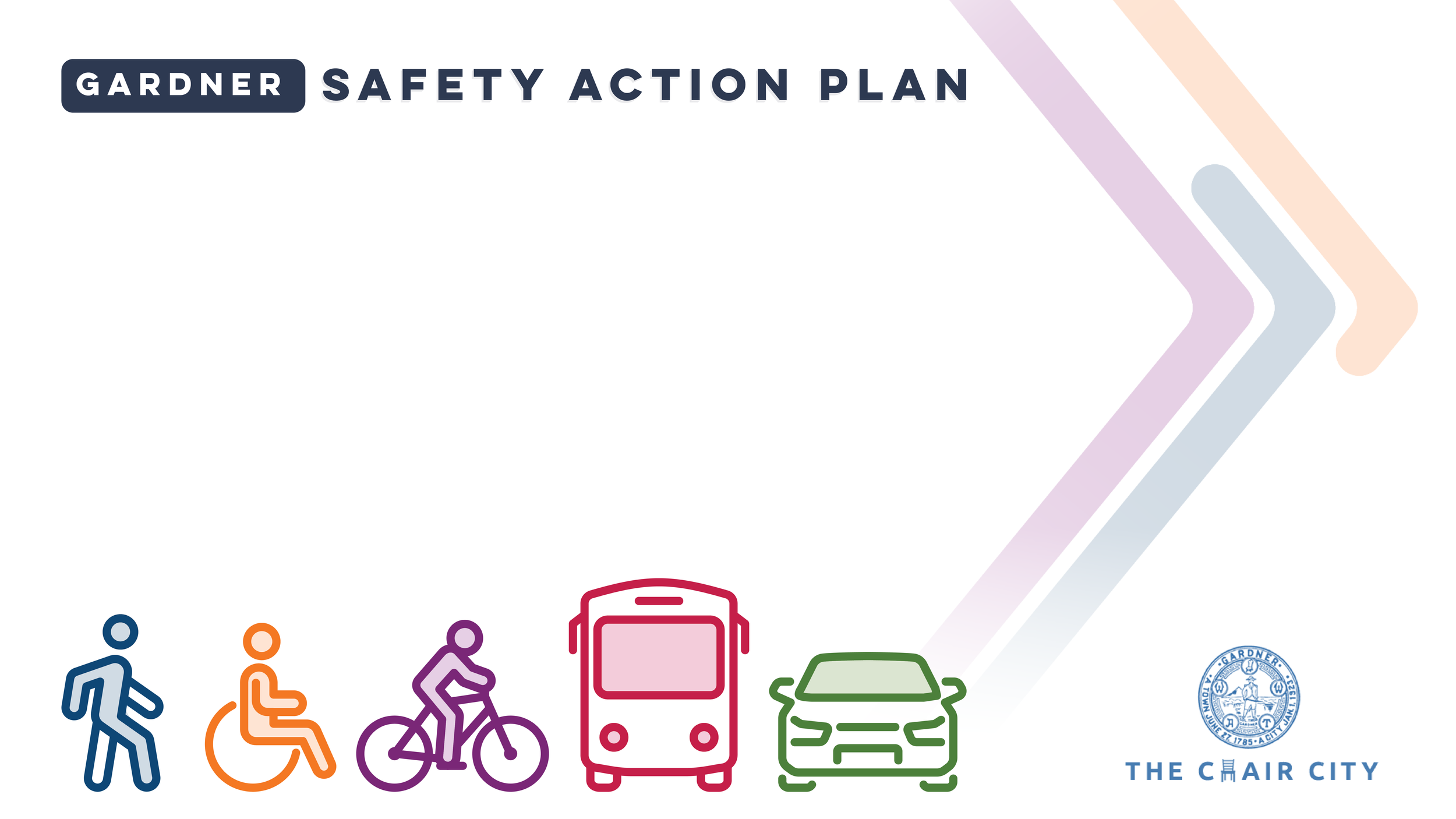 Gardner Safety Action Plan document cover with colorful icons of pedestrians, wheelchair users, cyclists, and cars, and the Gardner city seal.