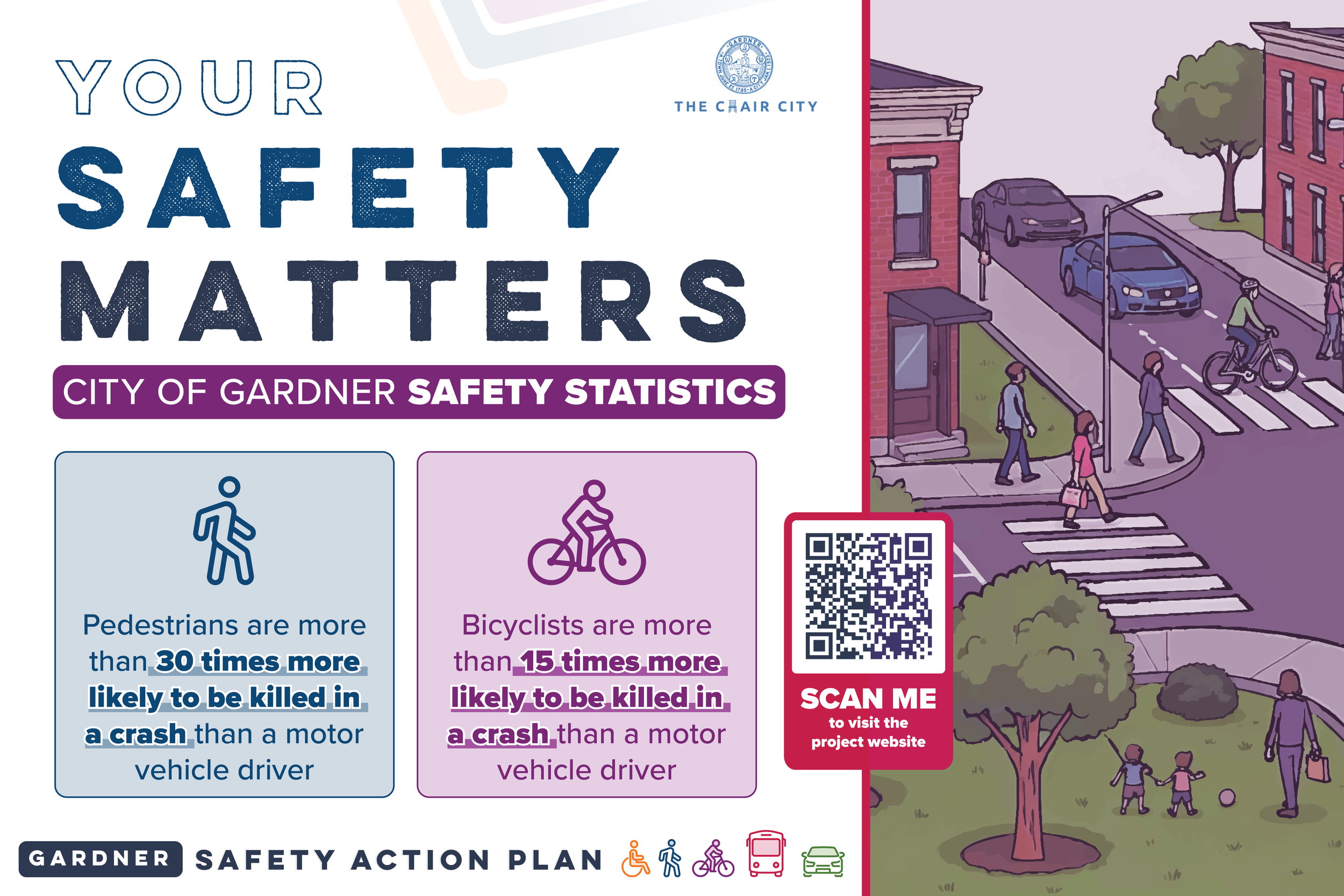 An illustrated neighborhood scene showing people walking and biking at a crosswalk beside parked cars and buildings. The image is part of a safety awareness flyer for the city of Gardner.