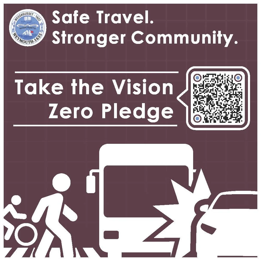 Sign promoting safe travel and community safety with a QR code, featuring illustrations of a bus and a car crash, and a person in a wheelchair helping a person with a walking cane.