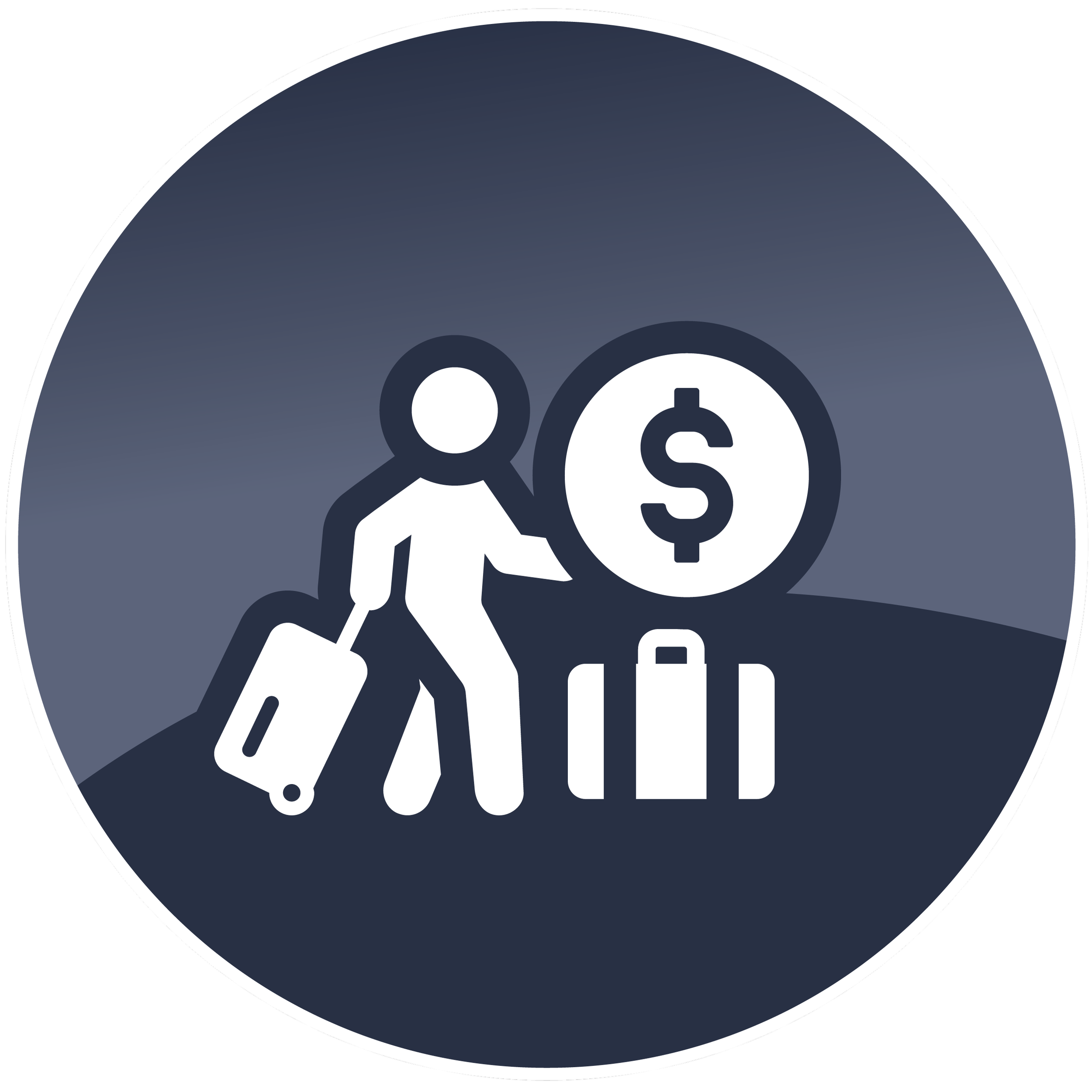 A graphic representation of a person in silhouette sitting next to a dollar sign, with a magnifying glass over a bar chart, all inside a circular frame.