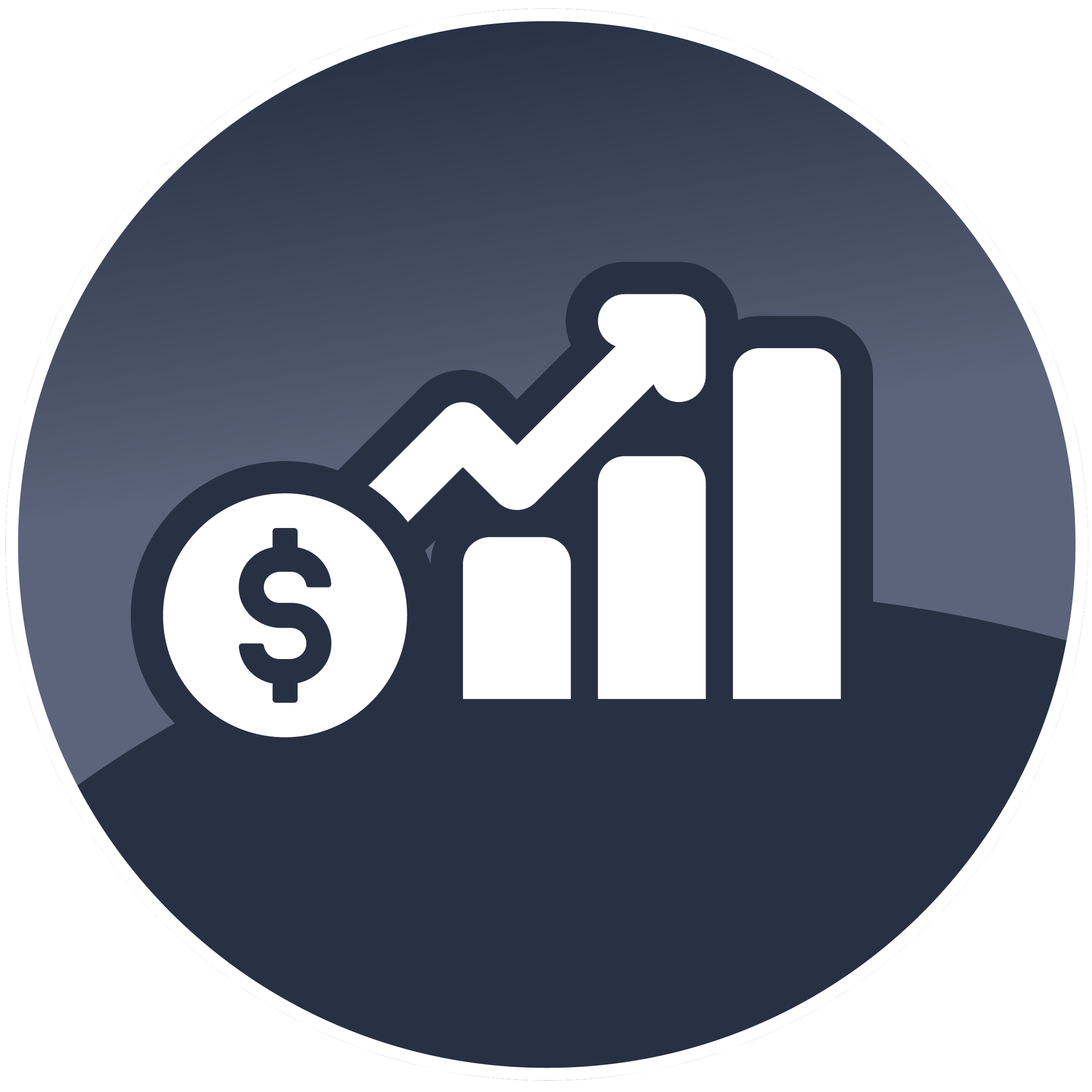 Black circular icon with a white dollar sign inside a white shopping bag, and a white upward arrow pointing at a bar graph, representing financial growth.