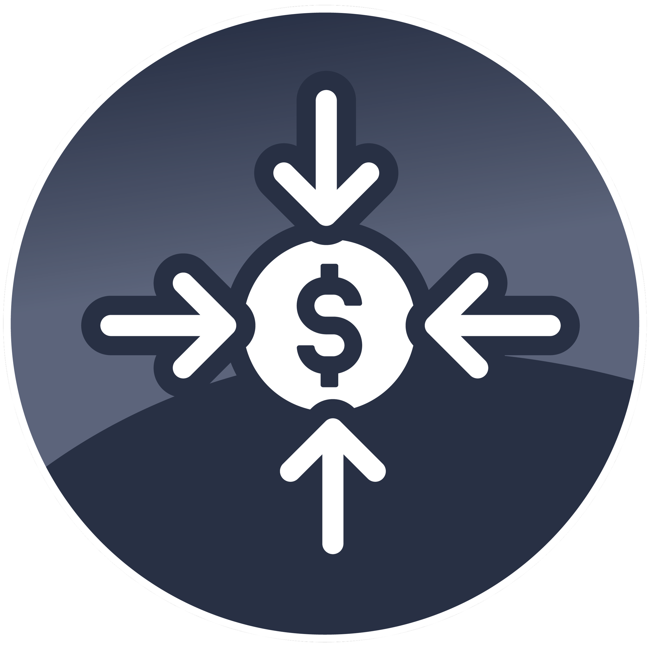 A circular icon featuring a white dollar sign at the center with four arrows pointing inward from the directions of up, down, left, and right, on a dark gray background.