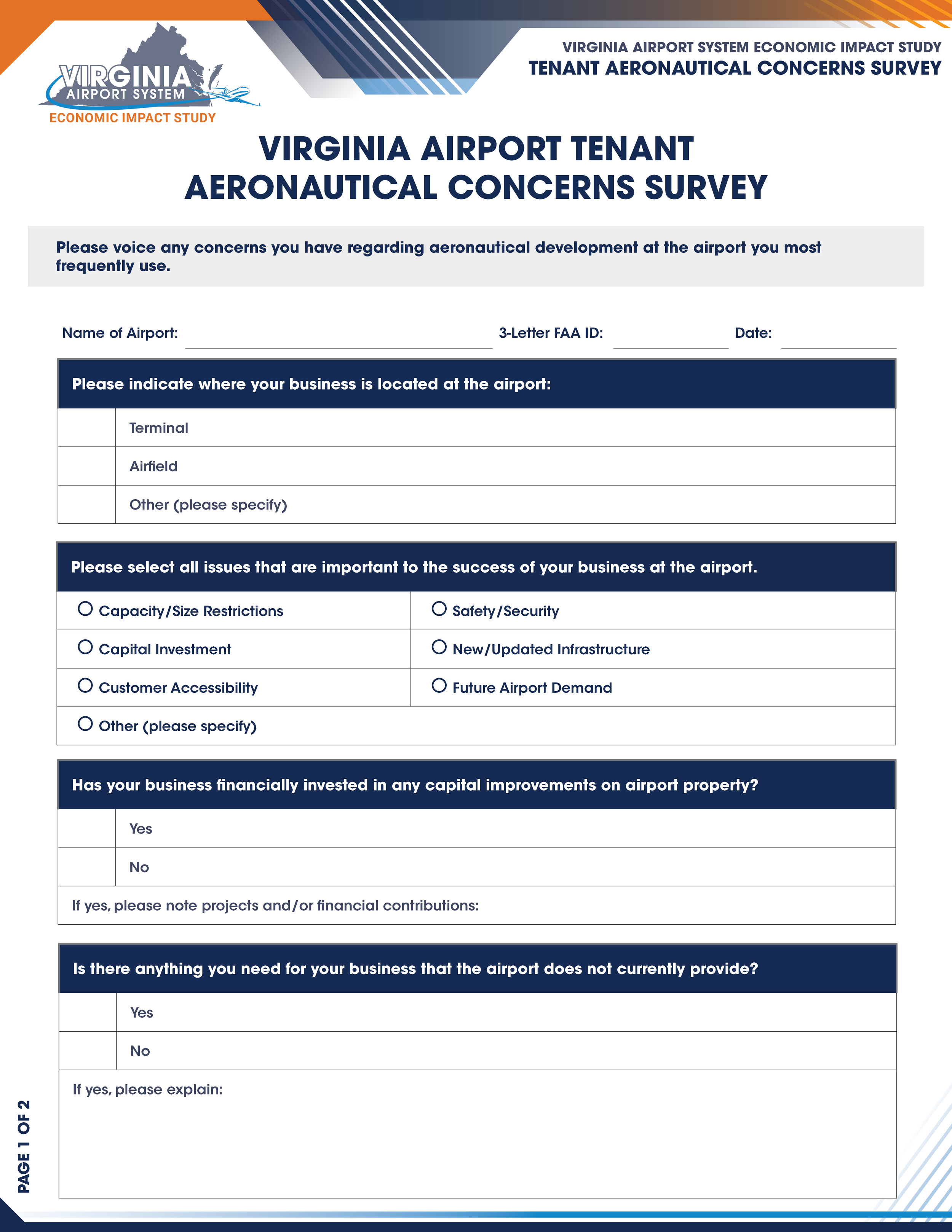 Virginia Airport System Economic Impact Study survey form, with questions about business concerns, investments, needs, and issues related to the airport.