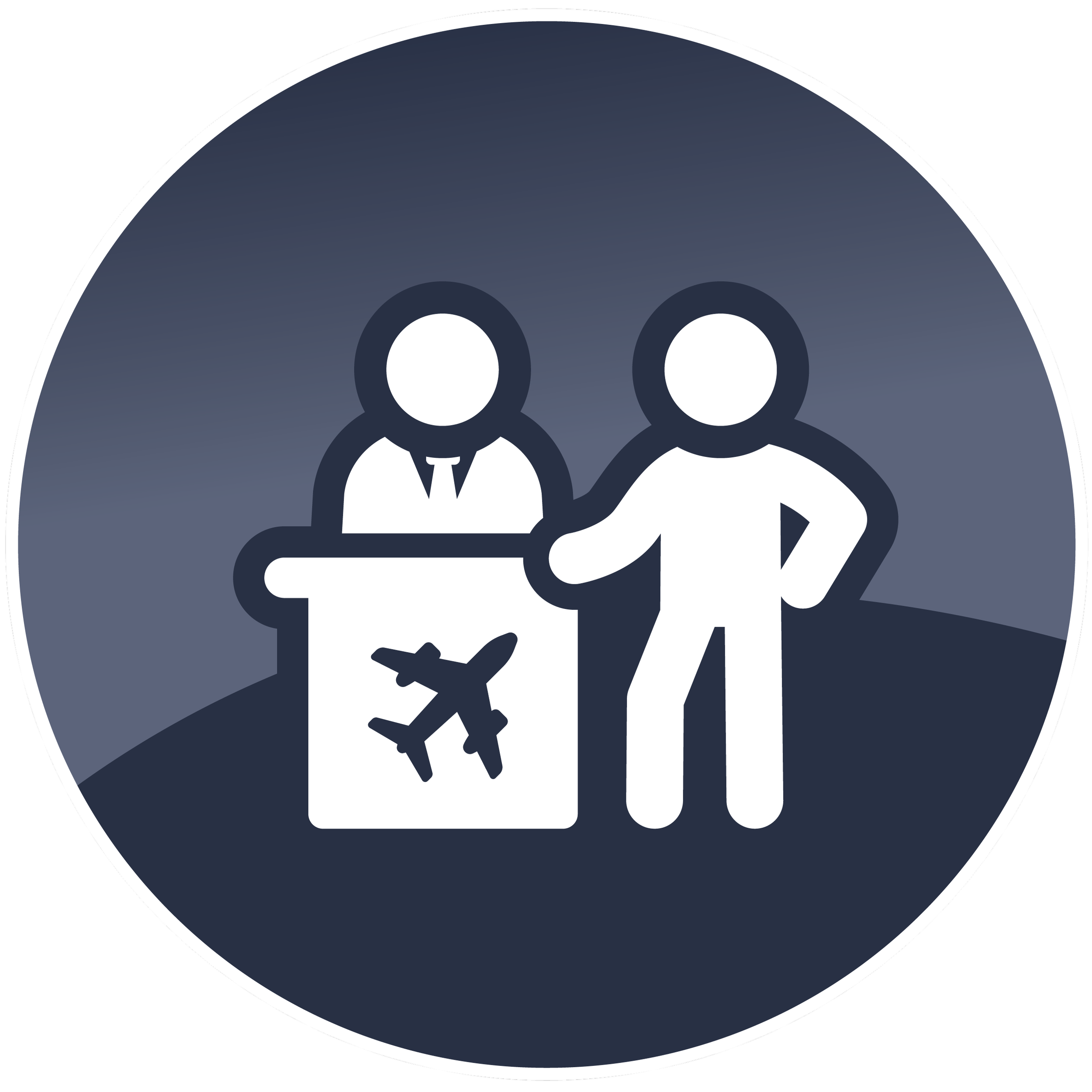 Close-up of a round logo with a dark background, depicting stylized human figures in business attire inside a shield shape, representing teamwork or corporate identity.