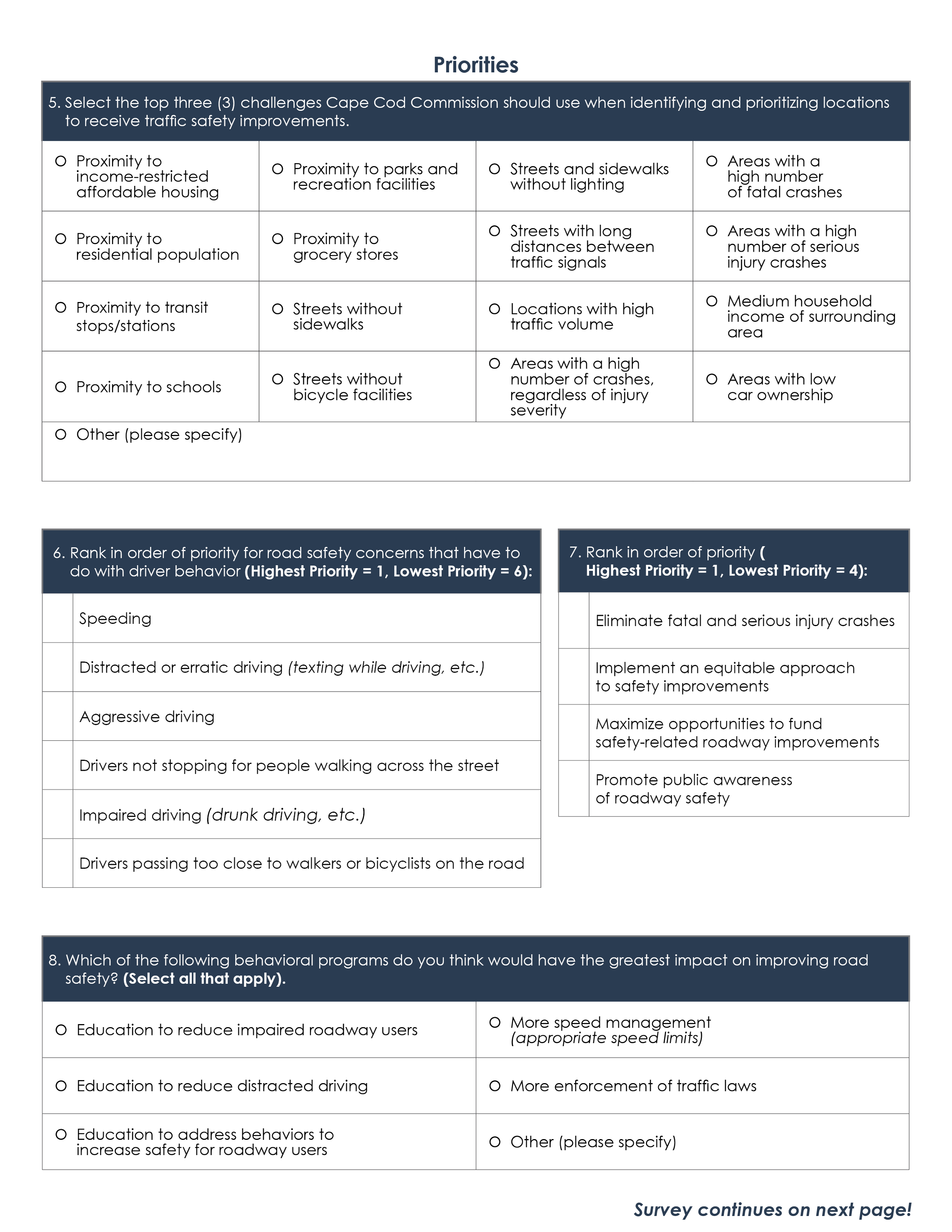 A survey form with various questions about road safety priorities and behavioral programs to improve road safety, including multiple choice options and instructions for ranking as well as a note indicating that the survey continues on the next page.